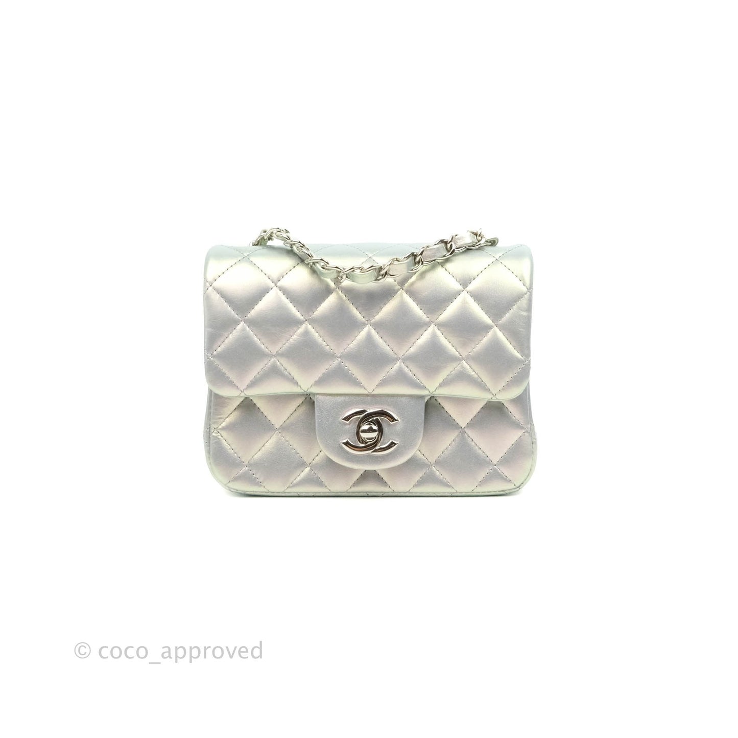 Chanel Mini Square Quilted Iridescent White Lilac Silver Hardware