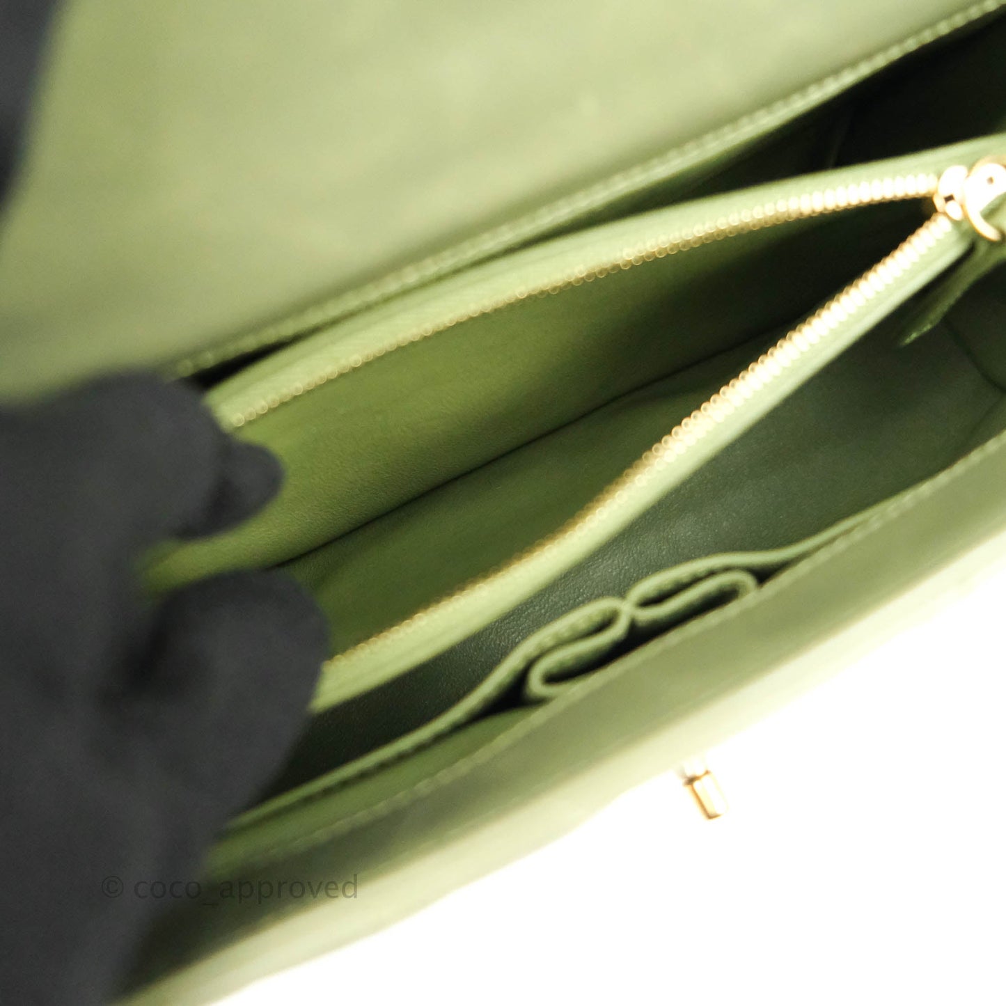 Chanel Medium (Small) Chevron Coco Handle Flap Olive Crumpled Calfskin Aged Gold Hardware Lizard Handle