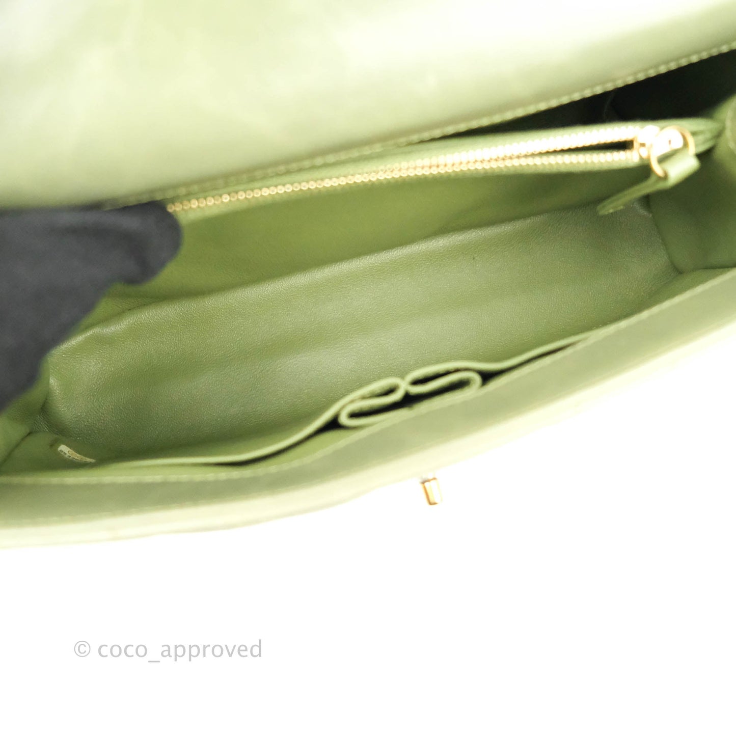 Chanel Medium (Small) Chevron Coco Handle Flap Olive Crumpled Calfskin Aged Gold Hardware Lizard Handle