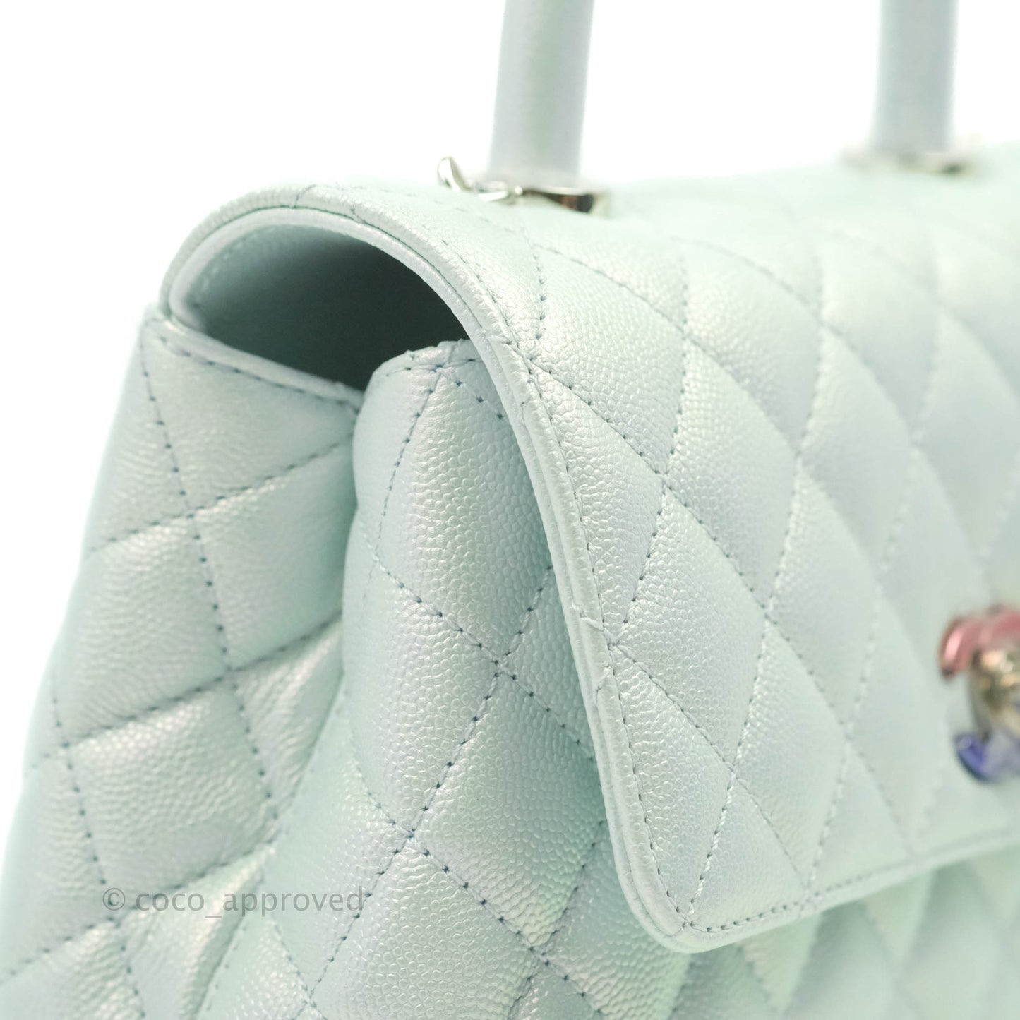 Chanel Mini (Small) Quilted Coco Handle Iridescent Light Blue Caviar Rainbow Hardware