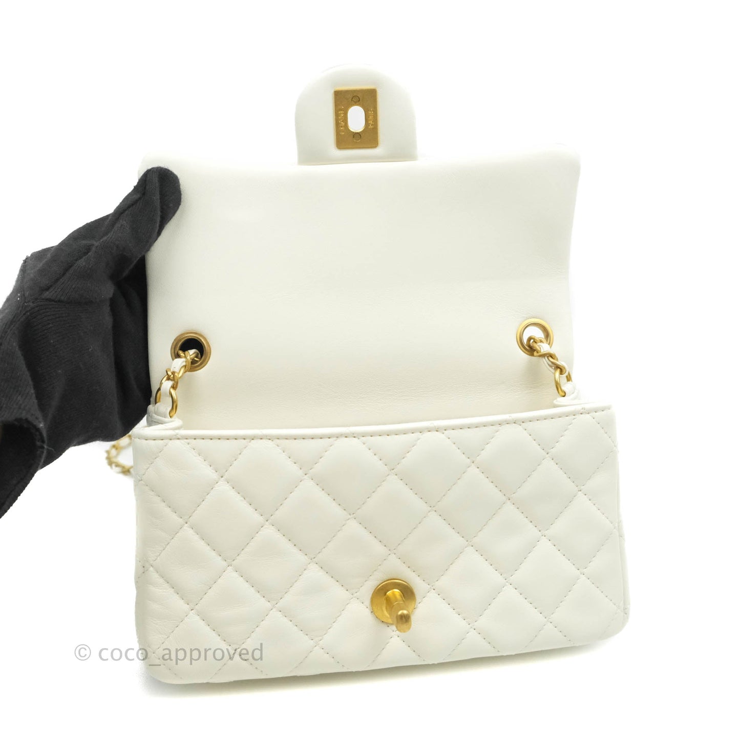 Chanel Mini Rectangular Pearl Crush Quilted White Lambskin Aged Gold Hardware 22C