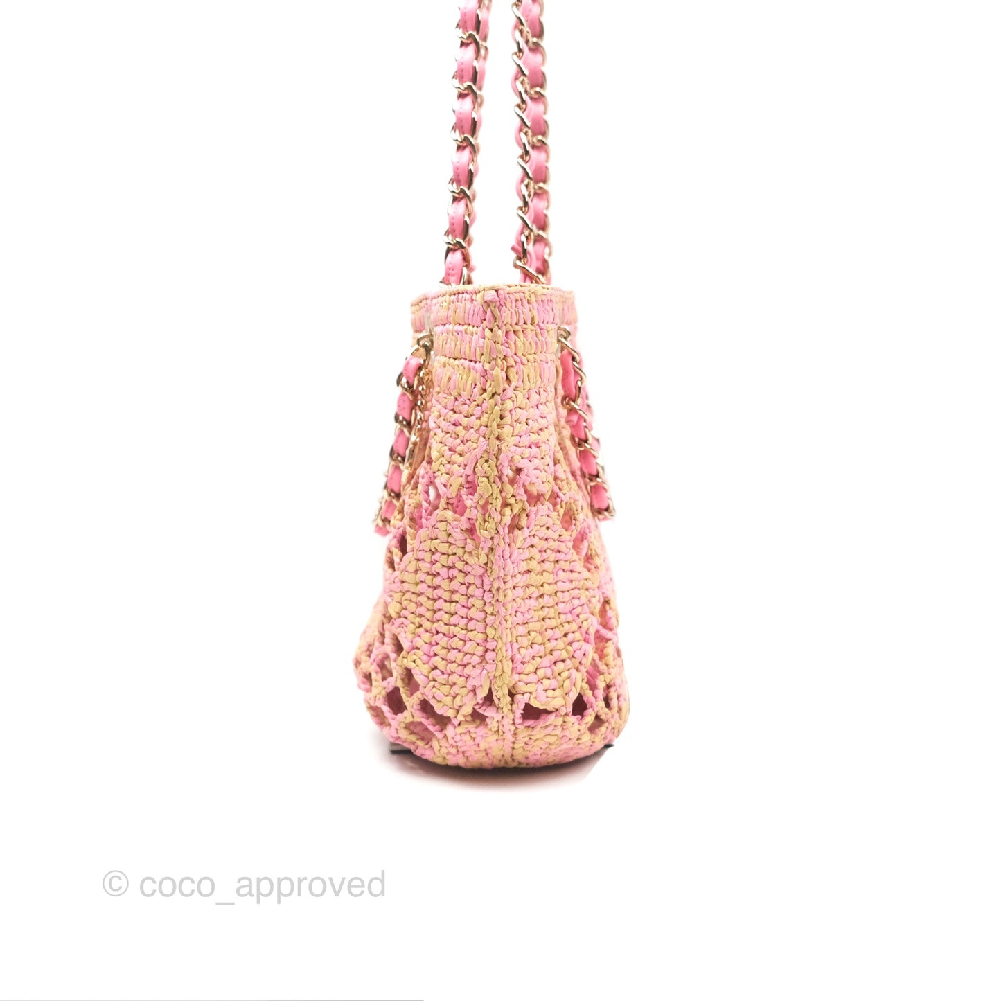 Chanel Coco Beach Bag Raffia Effect Braided Pink Beige Gold Hardware 24A