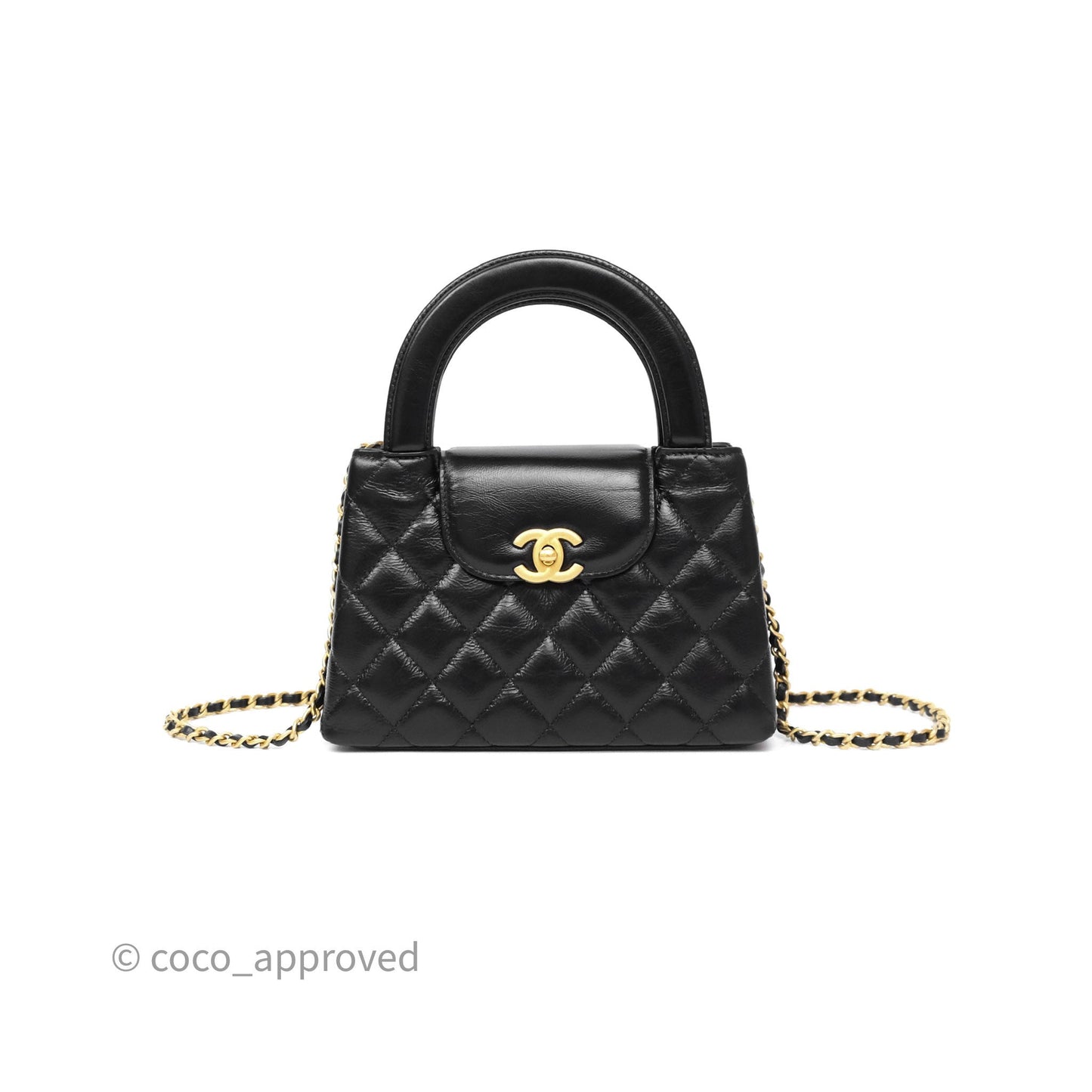 Chanel Kelly Bag Quilted Black Shiny Crumpled Calfskin Aged Gold Hardware