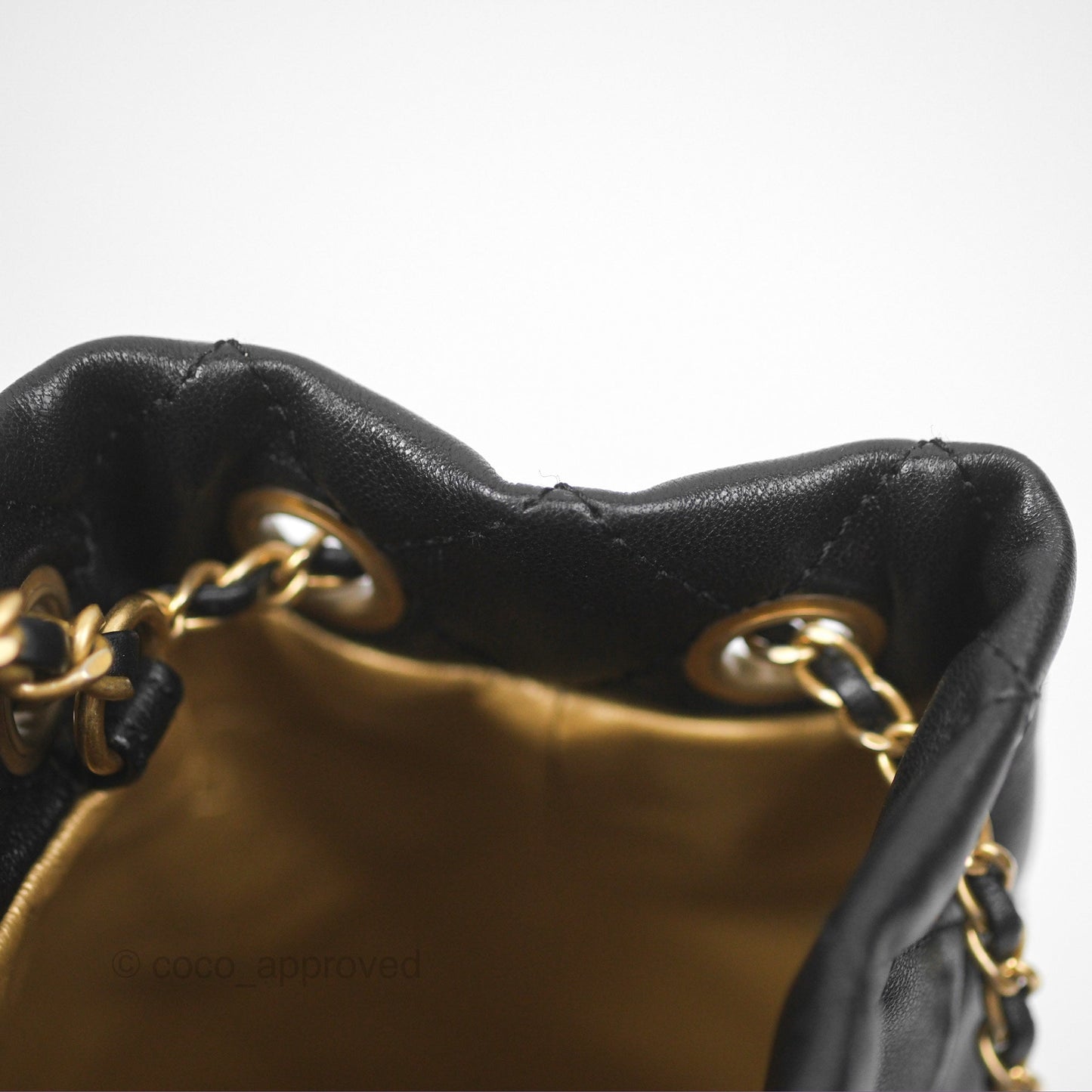 Chanel Pearl Crush Bucket Bag Black Lambskin Aged Gold Hardware 22S