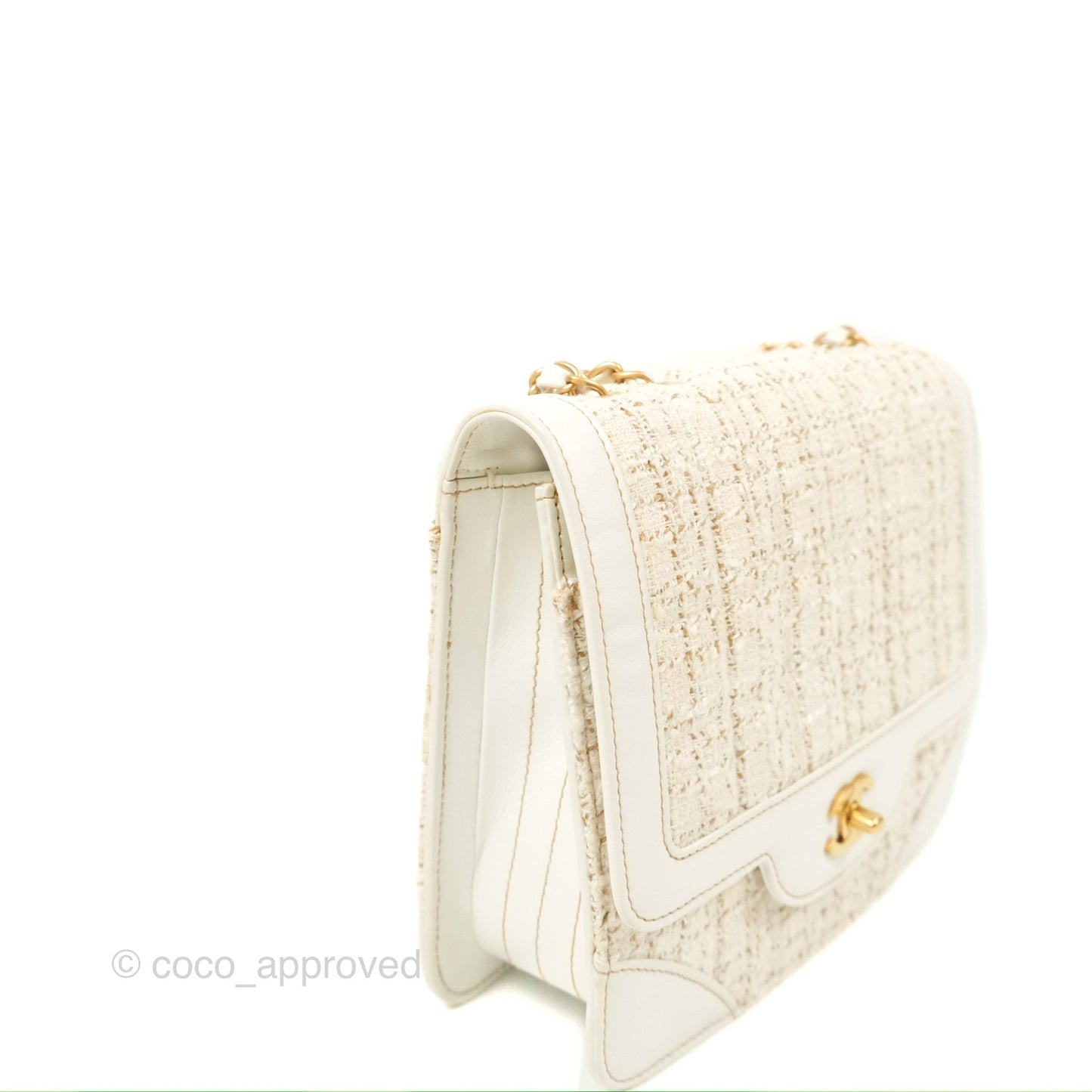 Chanel Small Tweed Flap Bag White Aged Gold Hardware