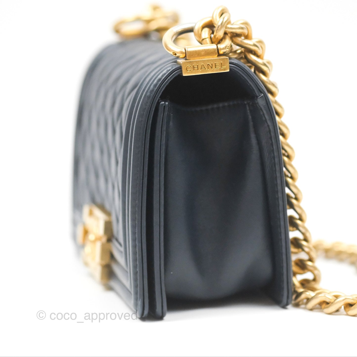 Chanel Small Boy Quilted Navy Lambskin Aged Gold Hardware