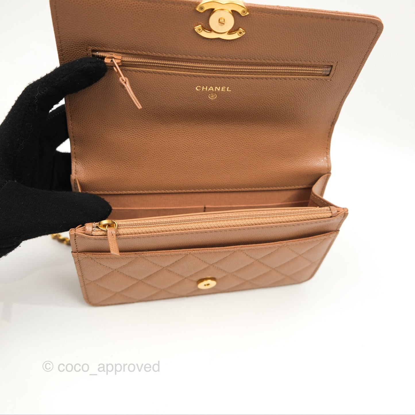 Chanel Coco First Wallet On Chain WOC Dark Beige Caviar Gold Hardware 22K