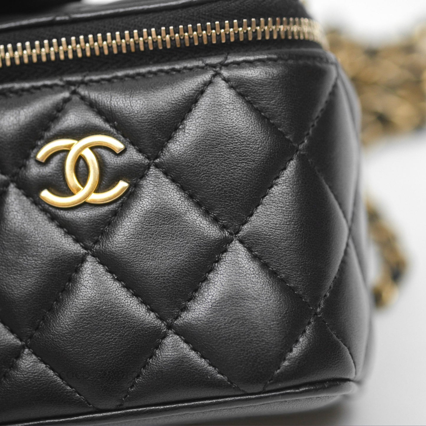 Chanel Mini Metal Top Handle Vanity With Chain Black Lambskin Aged Gold Hardware