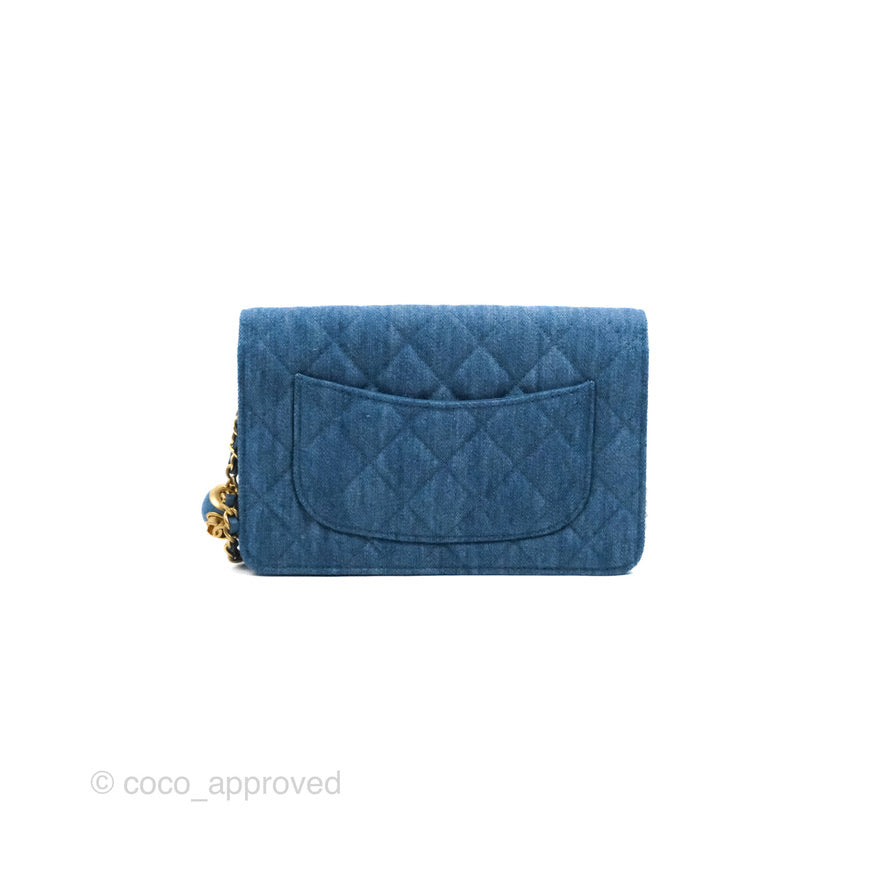 Chanel Quilted Pearl Crush Wallet on Chain WOC Denim Aged Gold Hardware