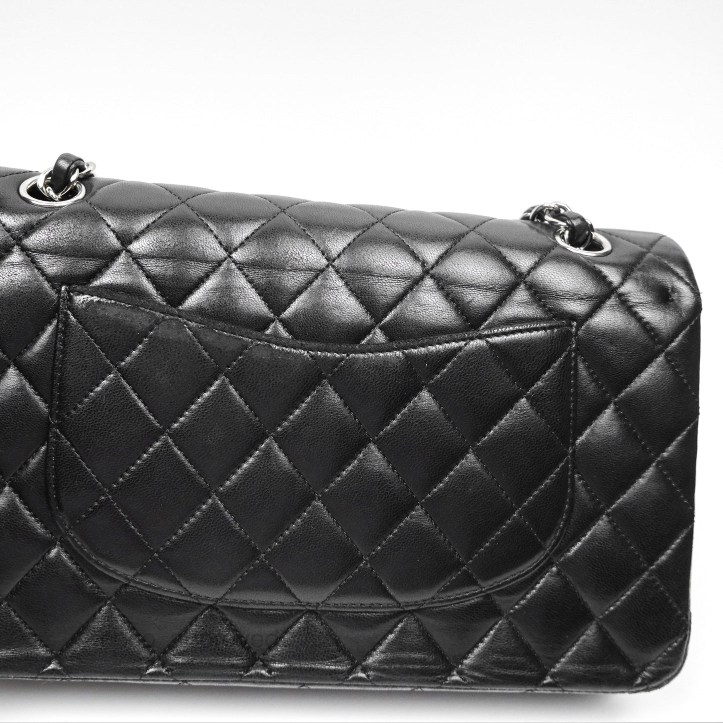 Chanel Classic M/L Medium Flap Quilted Black Lambskin Silver Hardware