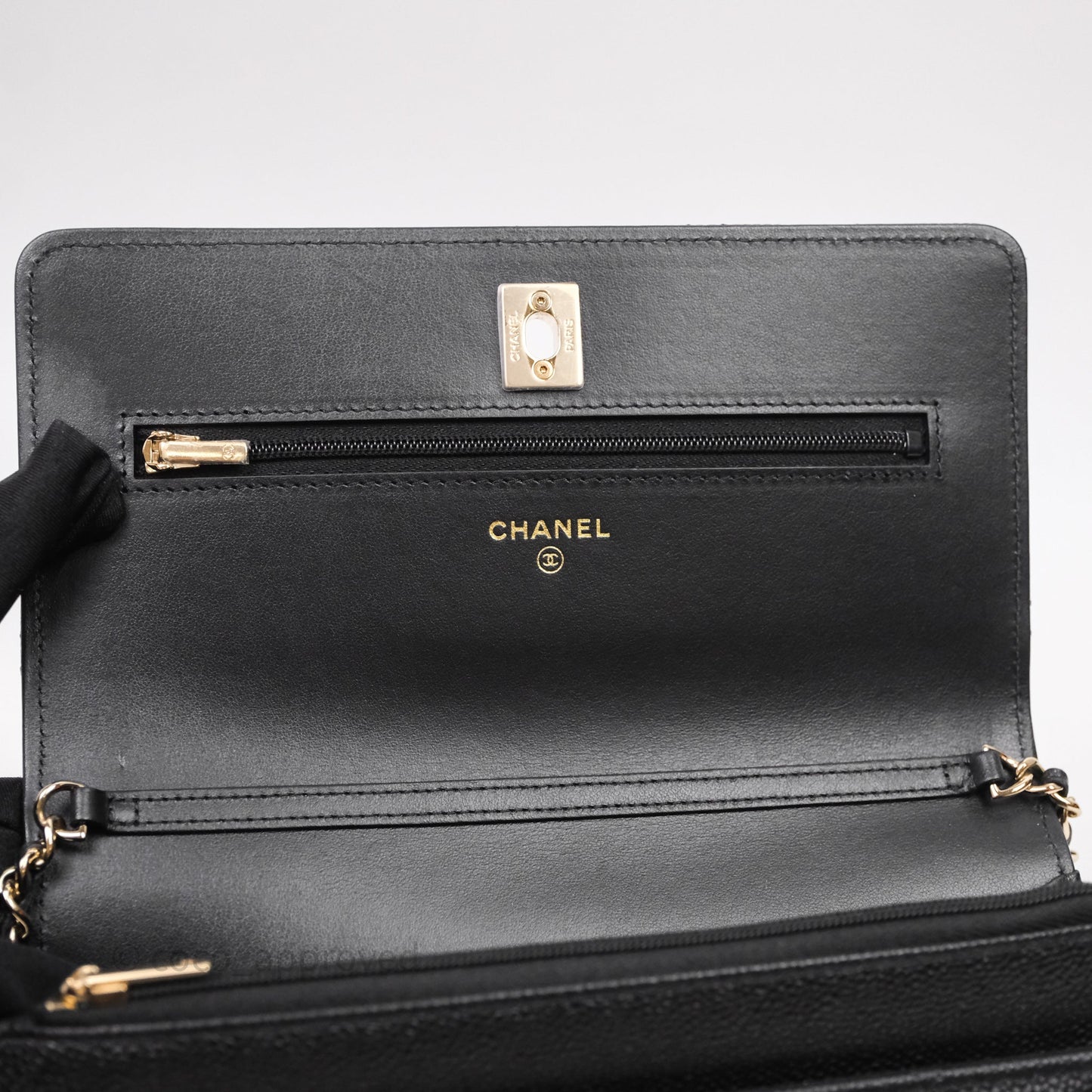Chanel WOC With Ribbon Chain Black Caviar Gold Hardware