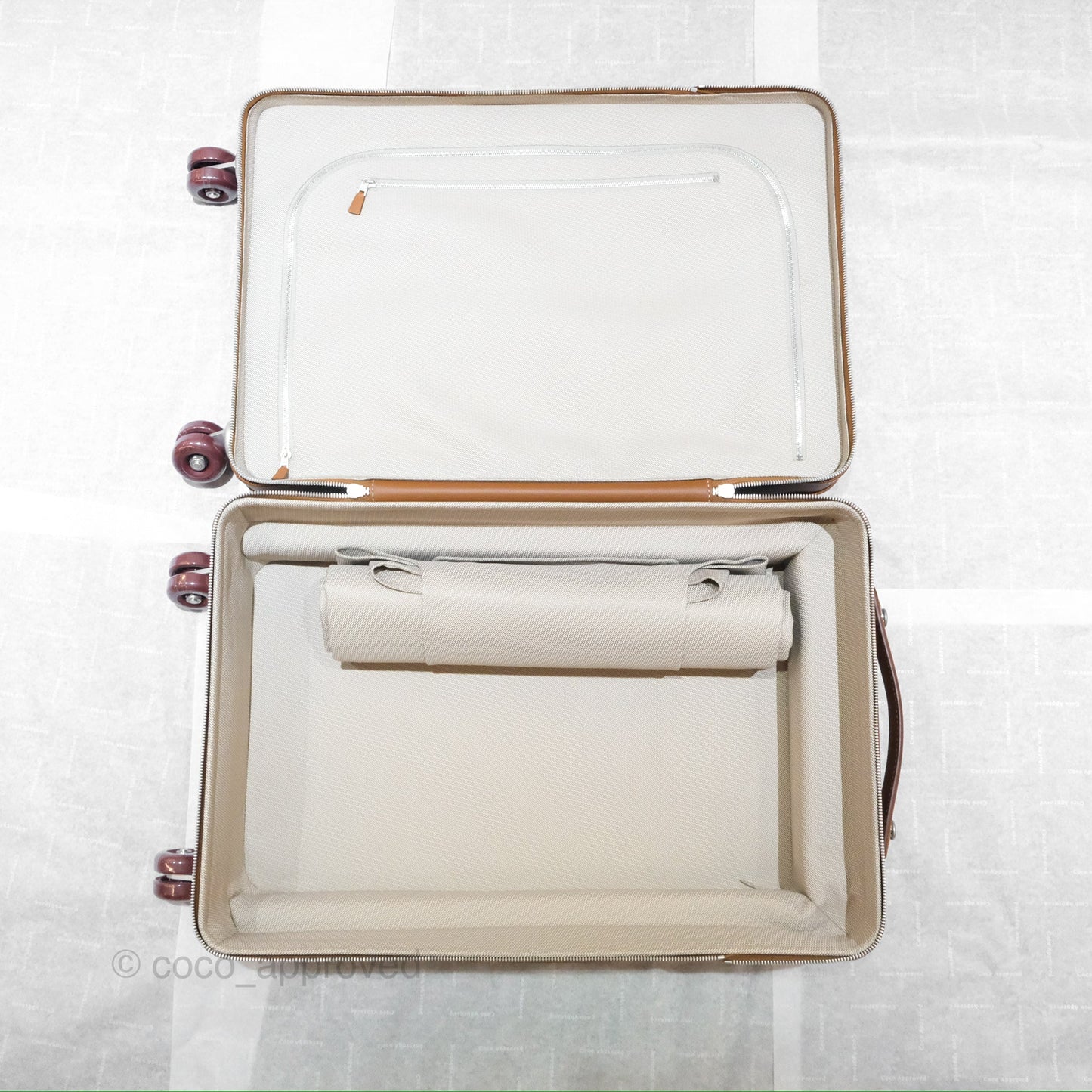 Hermès R.M.S Cabin 55 Suitcase in Ecru-Beige/ Fauve/ Orange Canvas Gold Clemence Palladium Hardware
