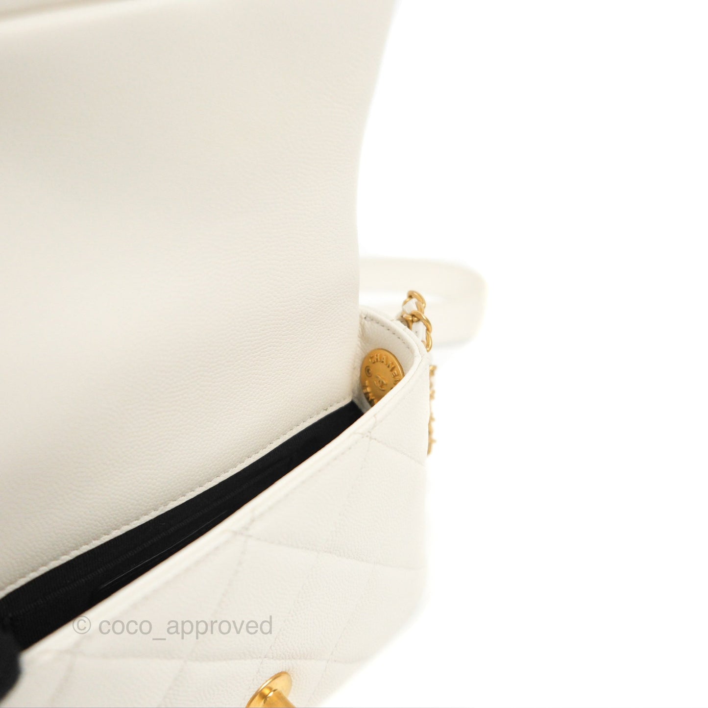Chanel Mini Flap with Coin Charm White Caviar Aged Gold Hardware 22A