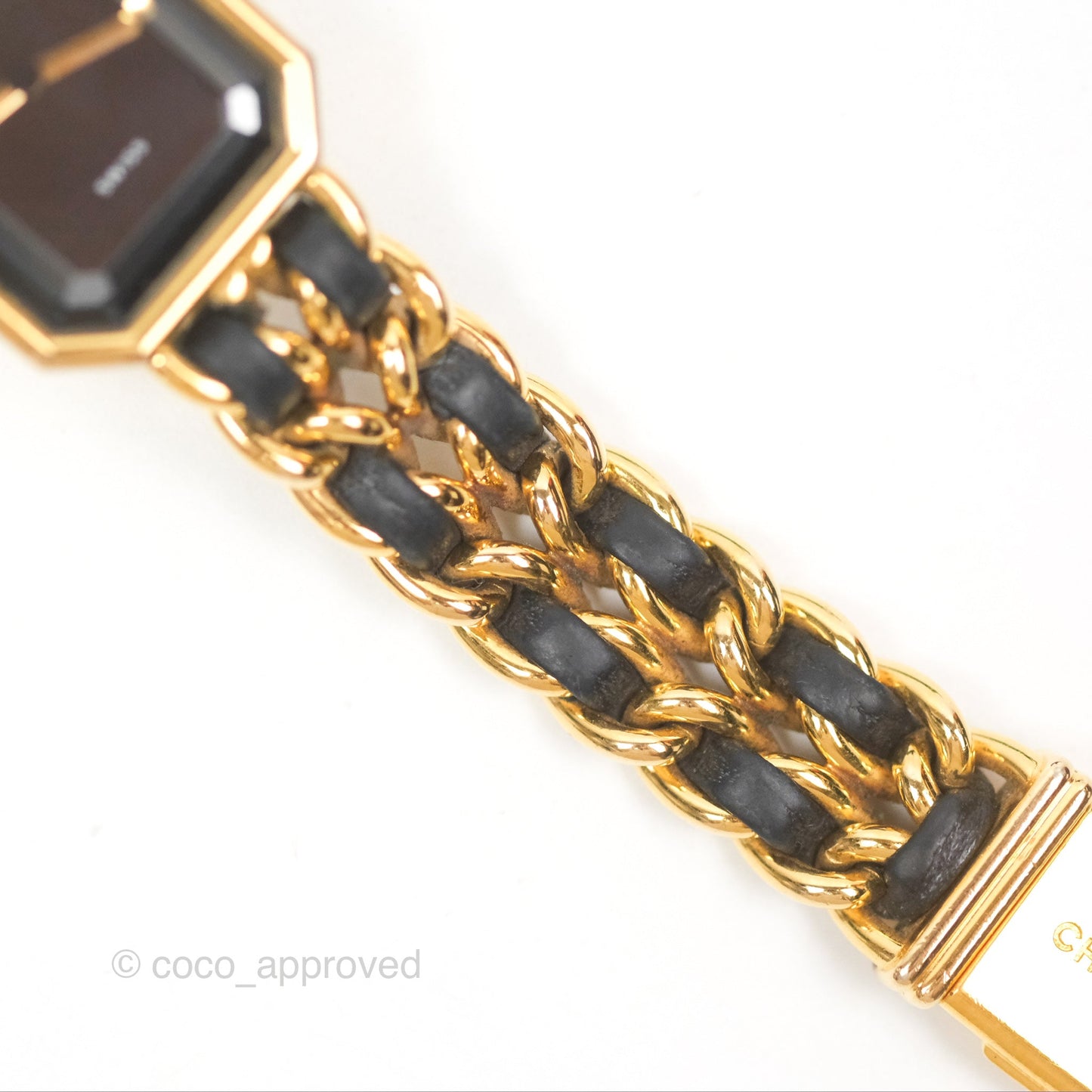 Chanel Vintage Première Watch Black Leather Gold Plated S Size