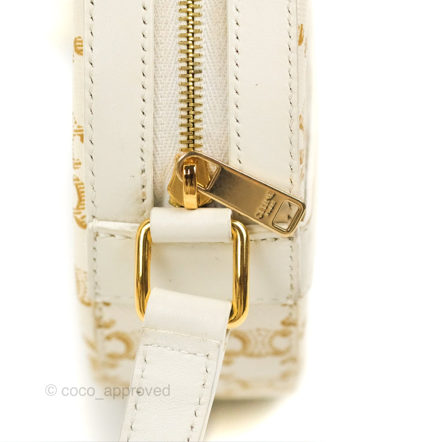 Celine Round Purse on Strap Triomphe Canvas White Calfskin