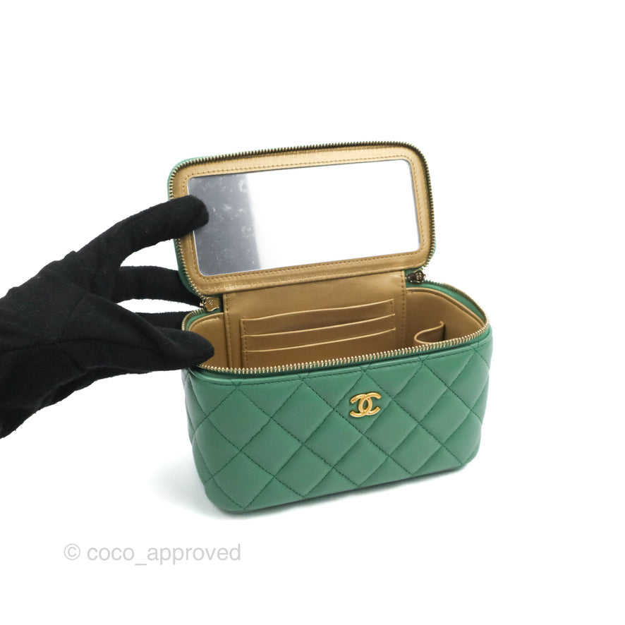 Chanel Vanity with Pearl Crush Chain Green Lambskin Aged Gold Hardware