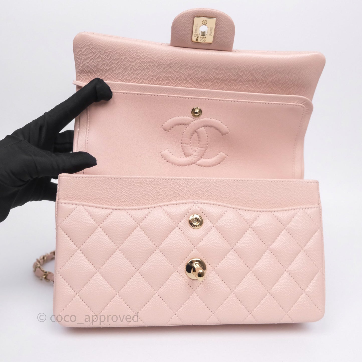 Chanel Small Classic Flap Quilted Light Pink Caviar Gold Hardware
