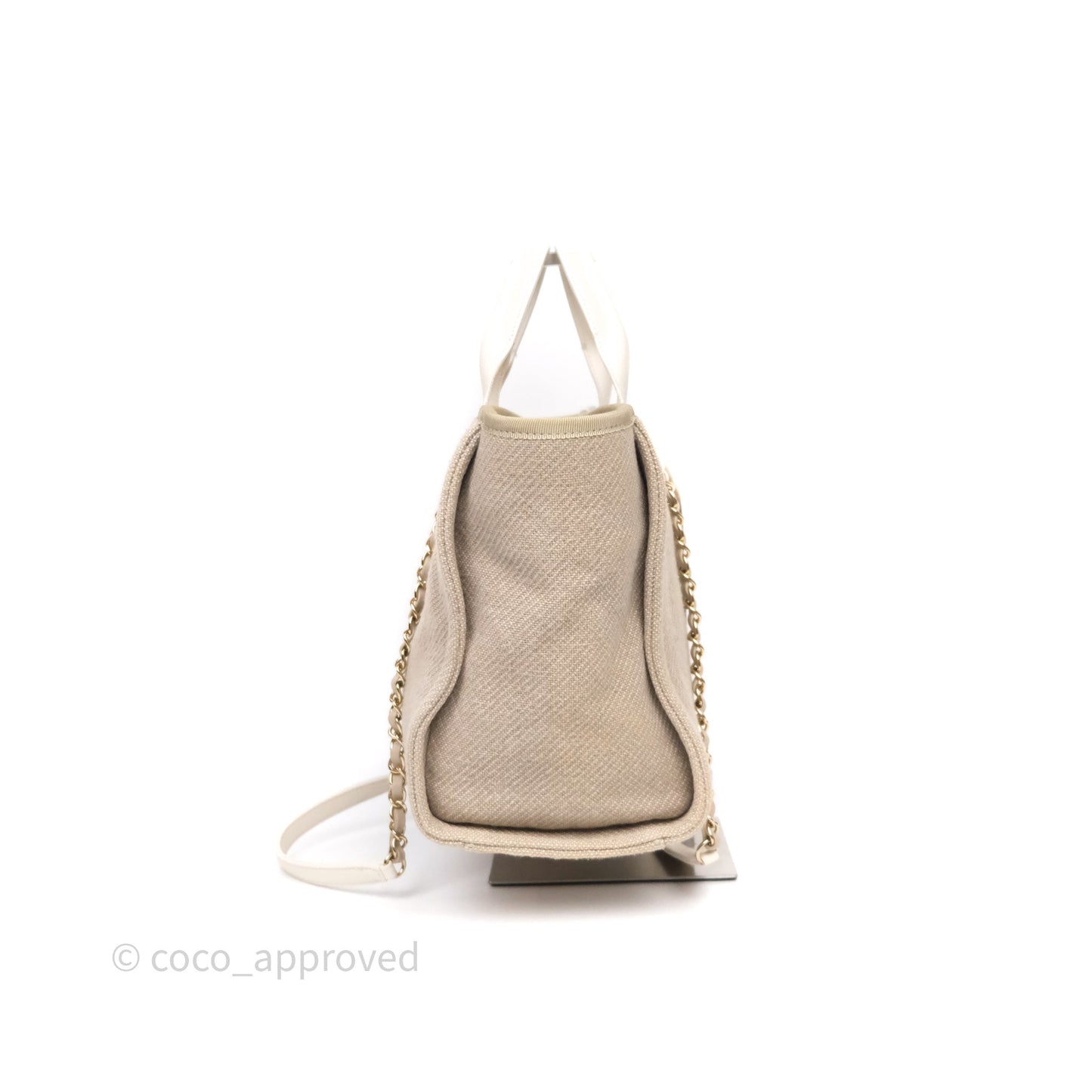 Chanel New Small Deauville Tote Beige Canvas Gold Hardware