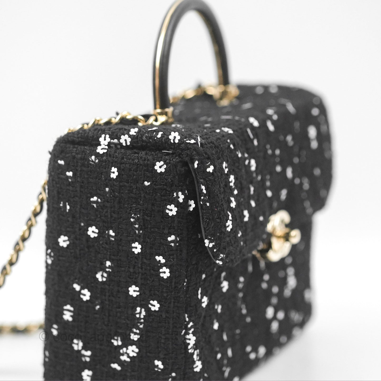 Chanel Small Top Handle Box Bag Black Tweed Sequins Gold Hardware 23K