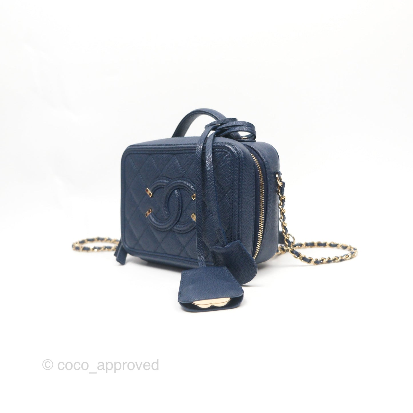 Chanel Quilted Small CC Filigree Vanity Case Navy Caviar Gold Hardware