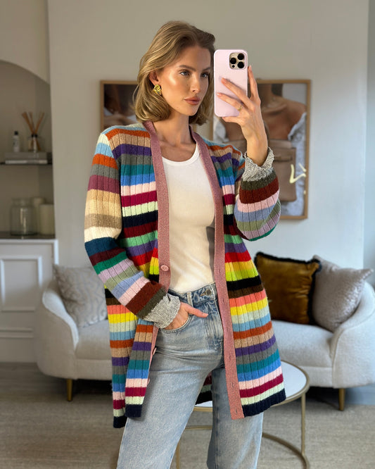 Luxury Gucci Multicoloured Cashmere Cardigan with Metallic Cuff & Collar Detail Size XL (UK 10-14)