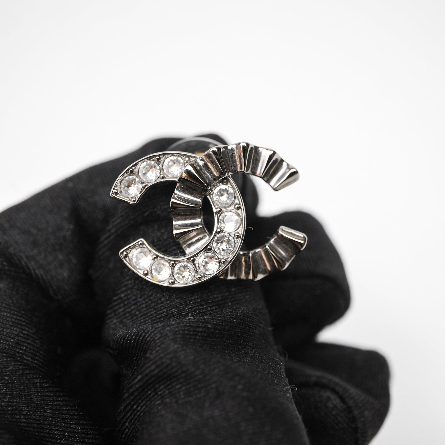 Chanel CC Half Crystal Earrings Silver Tone 21A