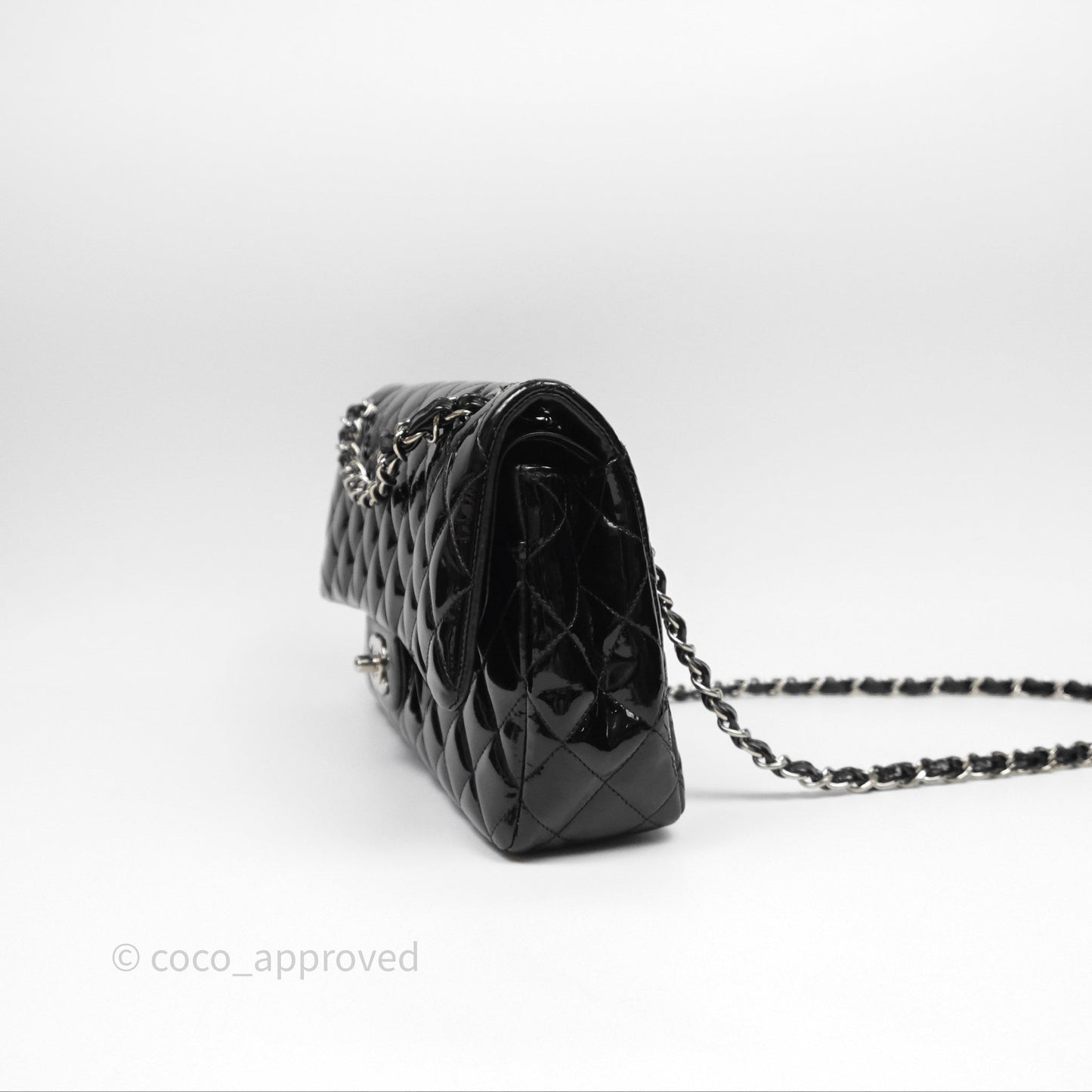 Chanel Classic M/L Medium Flap Quilted Black Patent Silver Hardware