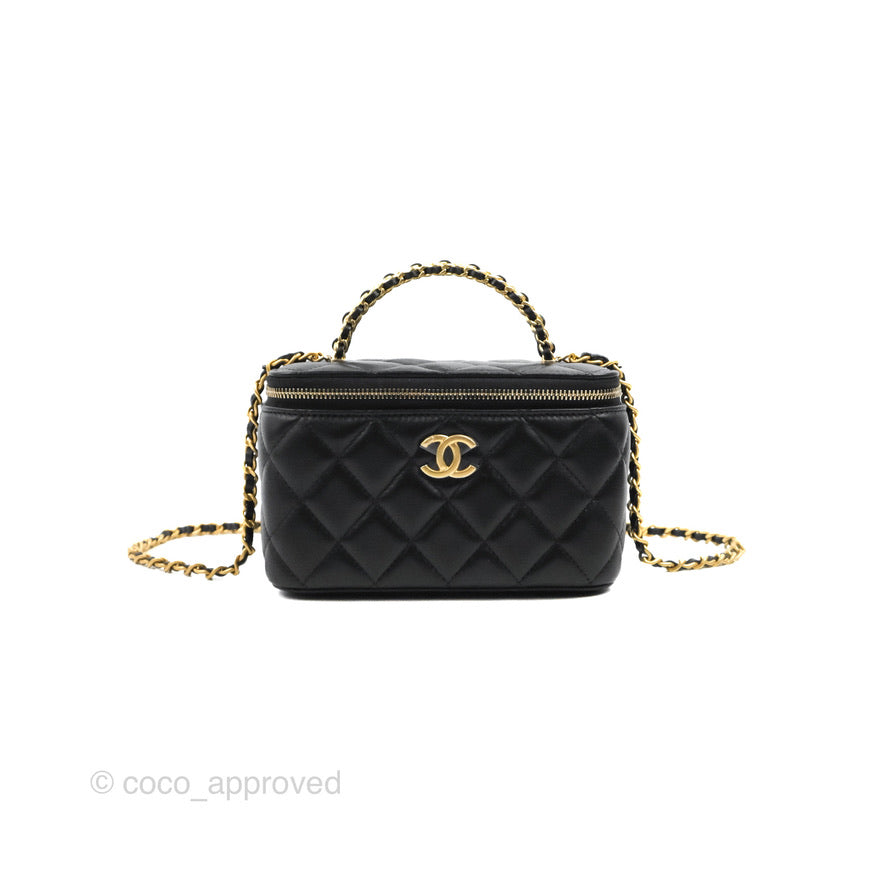 Chanel Vanity Rectangular with Top Handle Black Lambskin Aged Gold Hardware