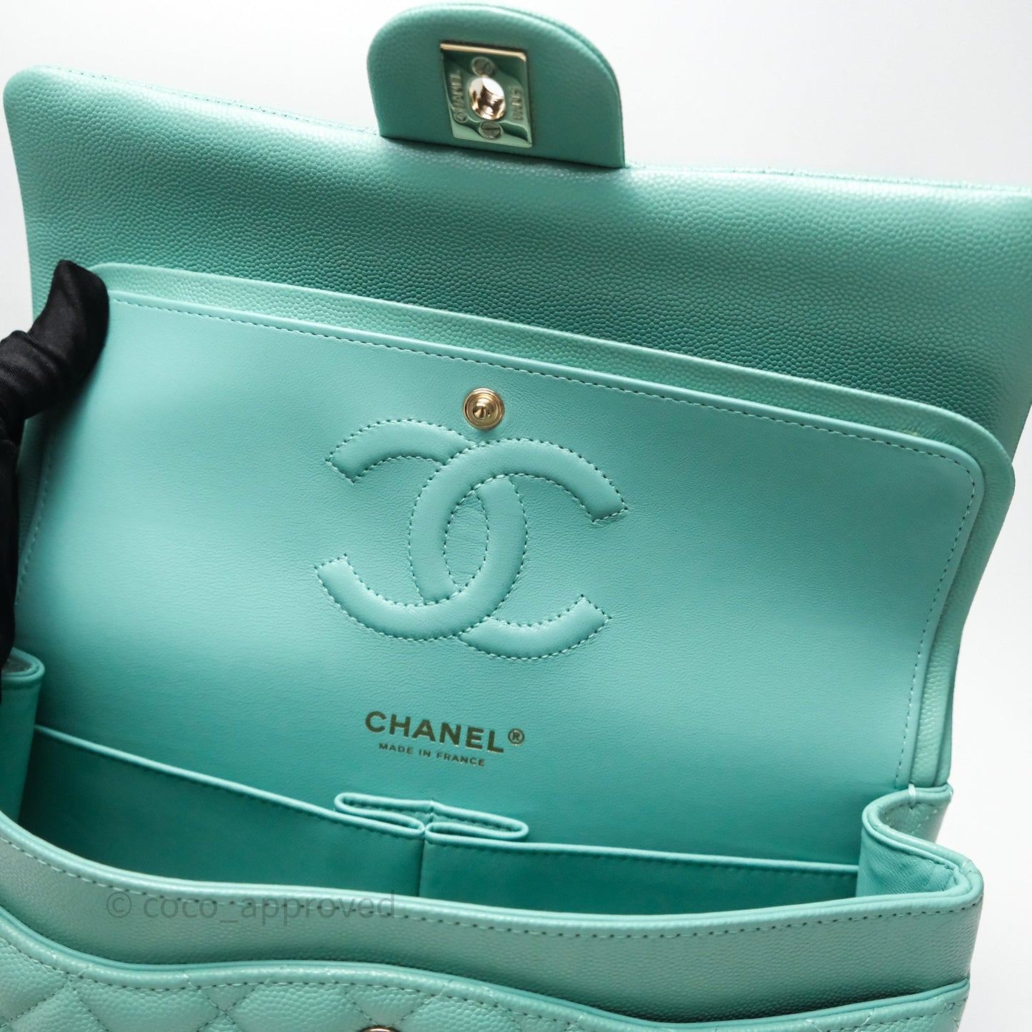 Chanel Classic M/L Medium Flap Quilted Tiffany Green Caviar Gold Hardware