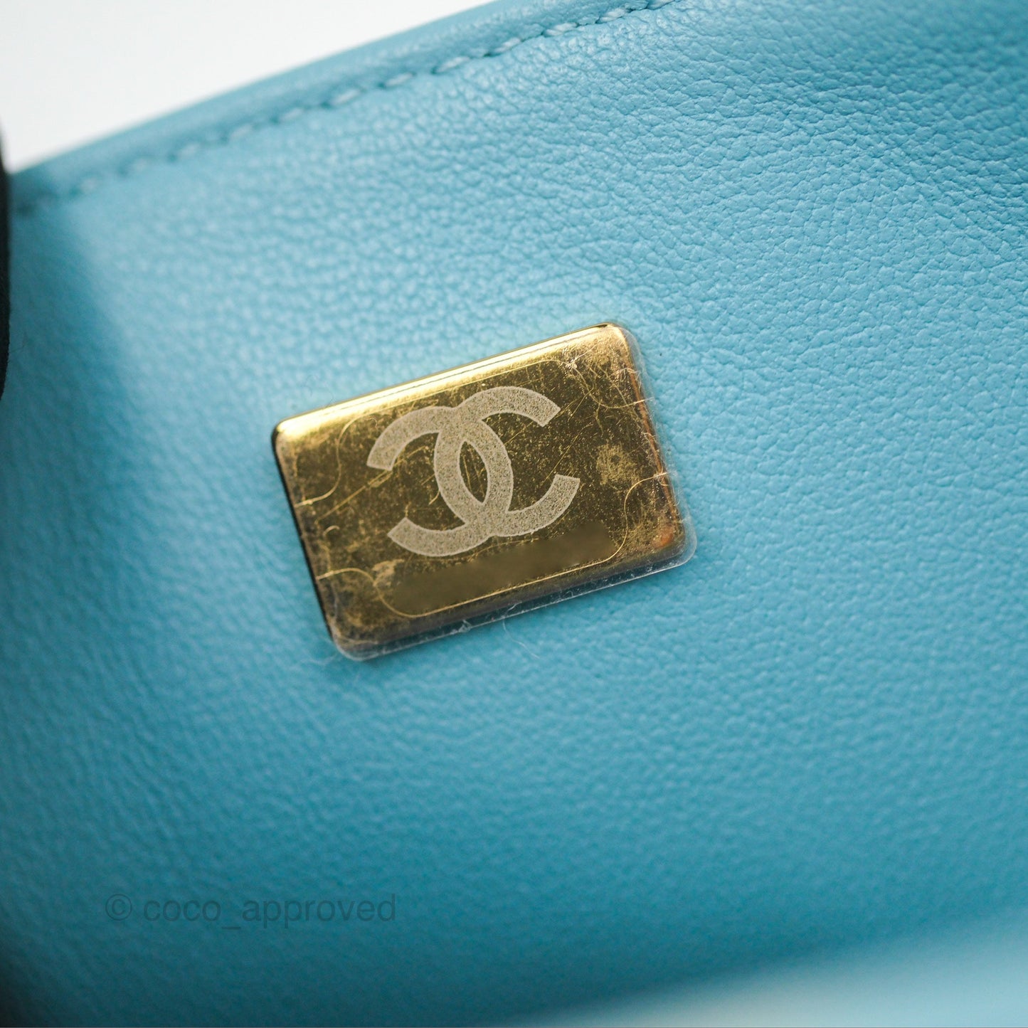 Chanel Flap Bag with Crystal Logo Top Handle Tiffany Blue Lambskin Aged Gold Hardware