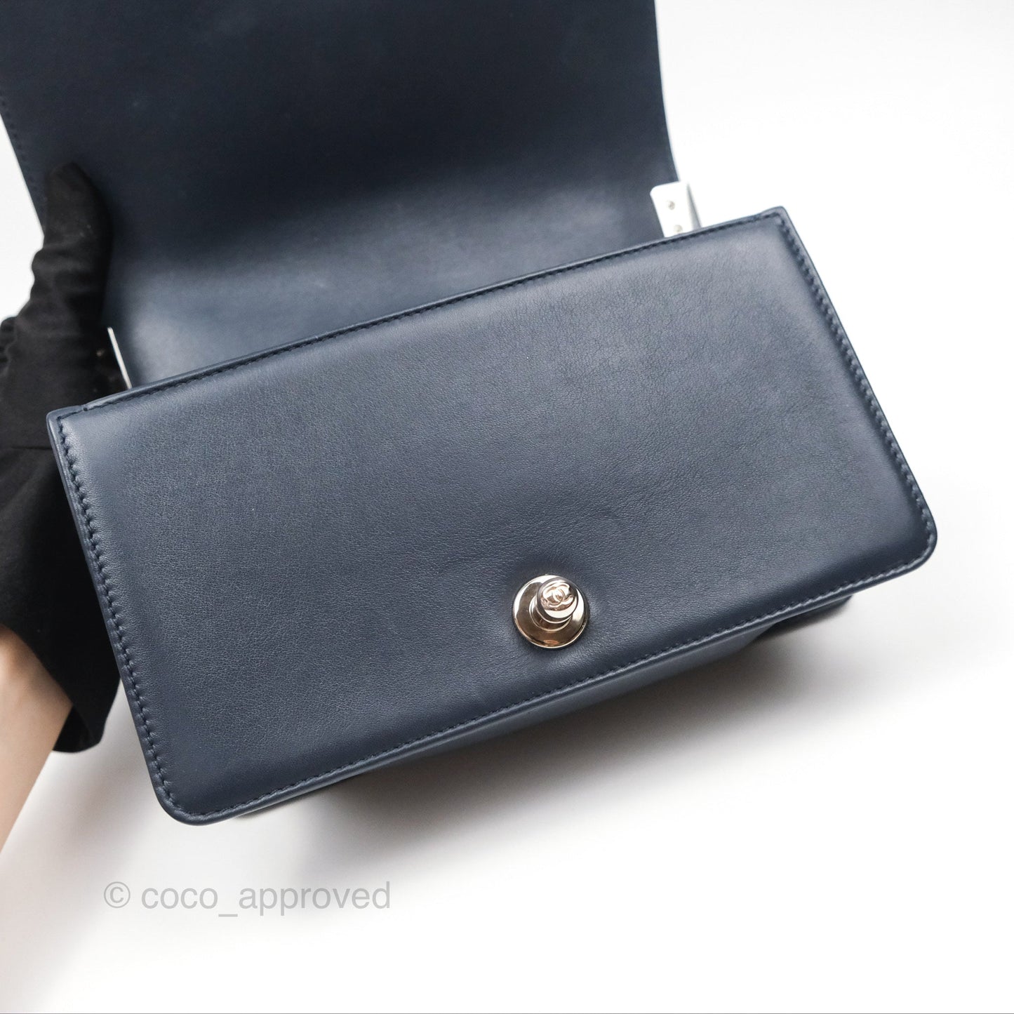 Chanel Small Chevron Boy Navy Calfskin Silver Hardware