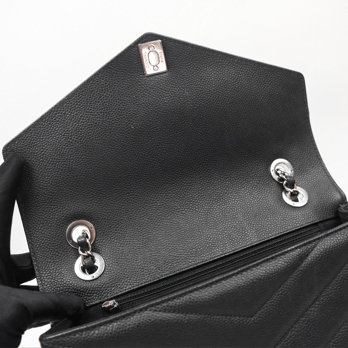 Chanel Chevron Flap Bag Black Caviar Silver Hardware