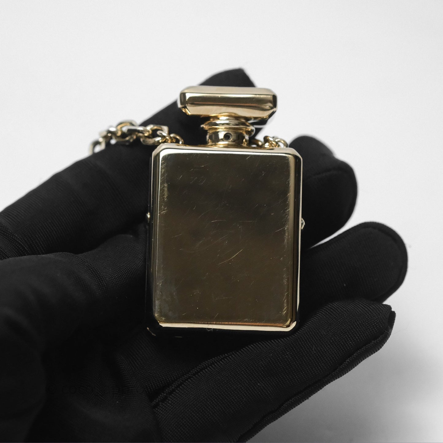 Chanel CC Metal Pearl Perfume Bottle Locket Necklace Gold Tone