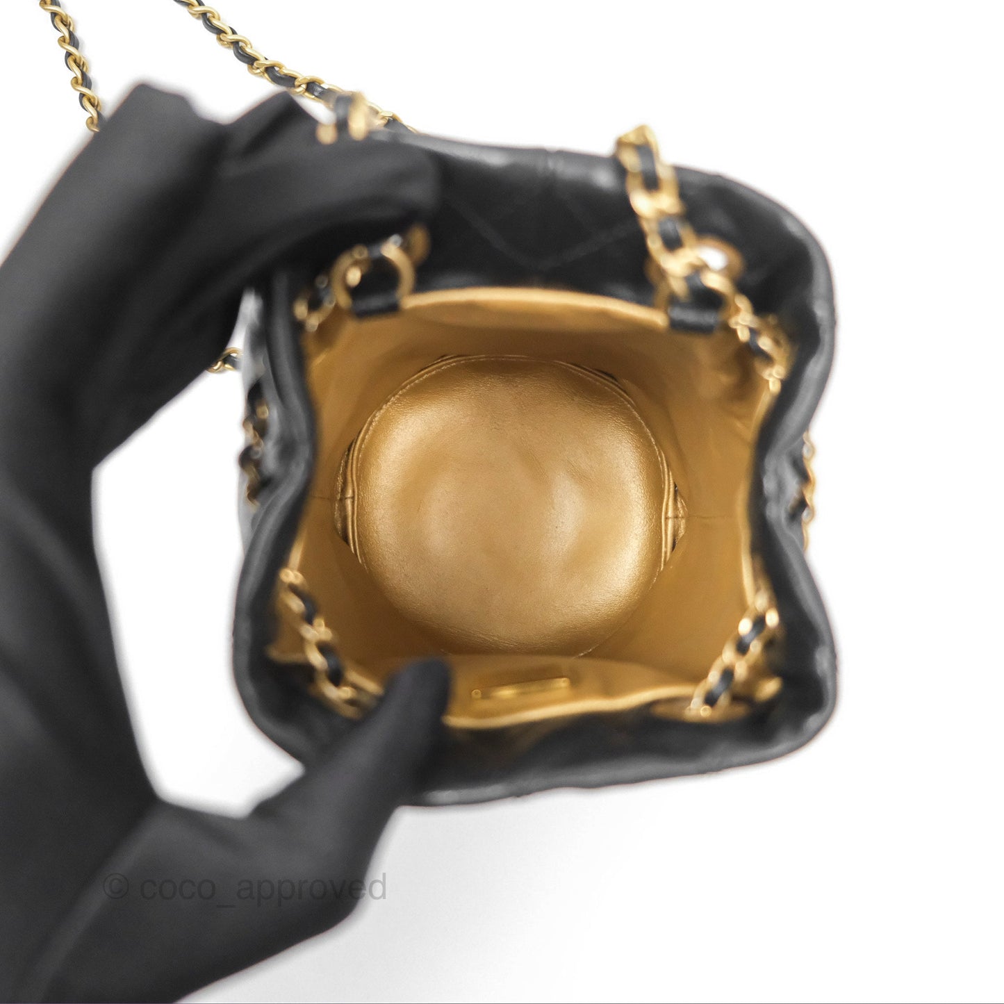 Chanel Pearl Crush Bucket Bag Black Lambskin Aged Gold Hardware 22S
