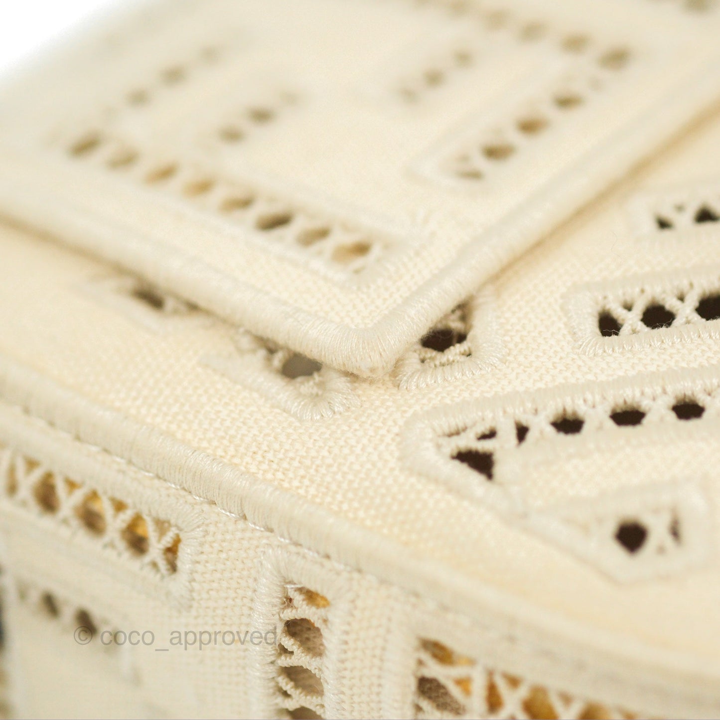 Fendi Medium FF Ajour Embroidery Baguette Bag Ivory Canvas