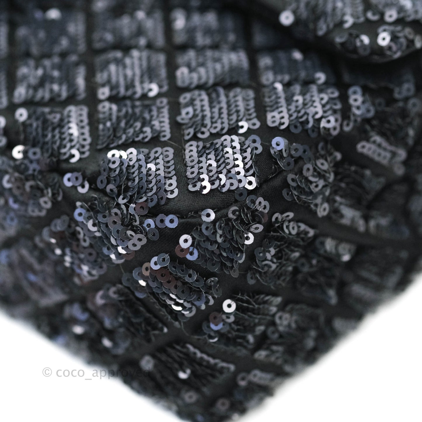 Chanel Quilted Medium Satin Sequin Single Flap Navy Black Gun Metal
