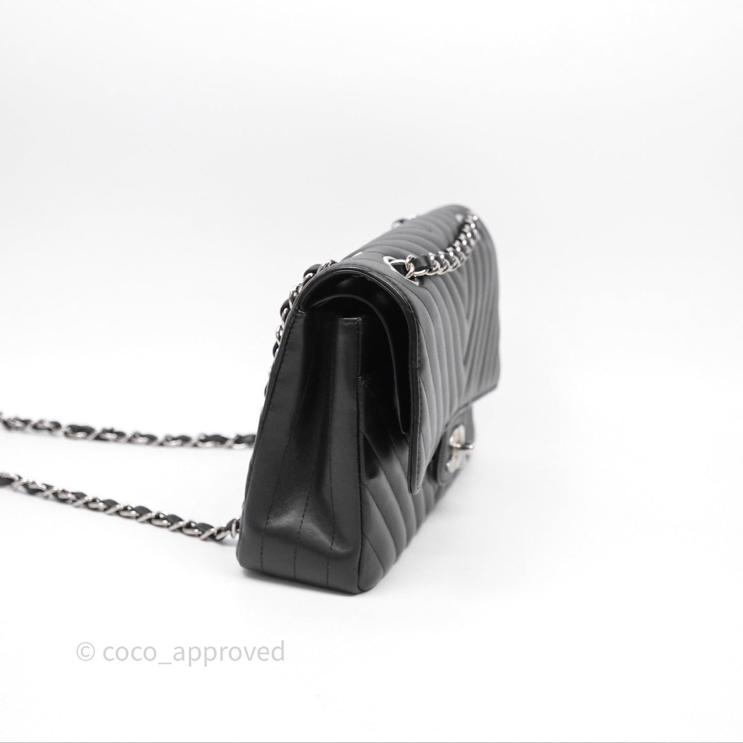 Chanel Classic M/L Medium Flap Chevron Black Lambskin Silver Hardware