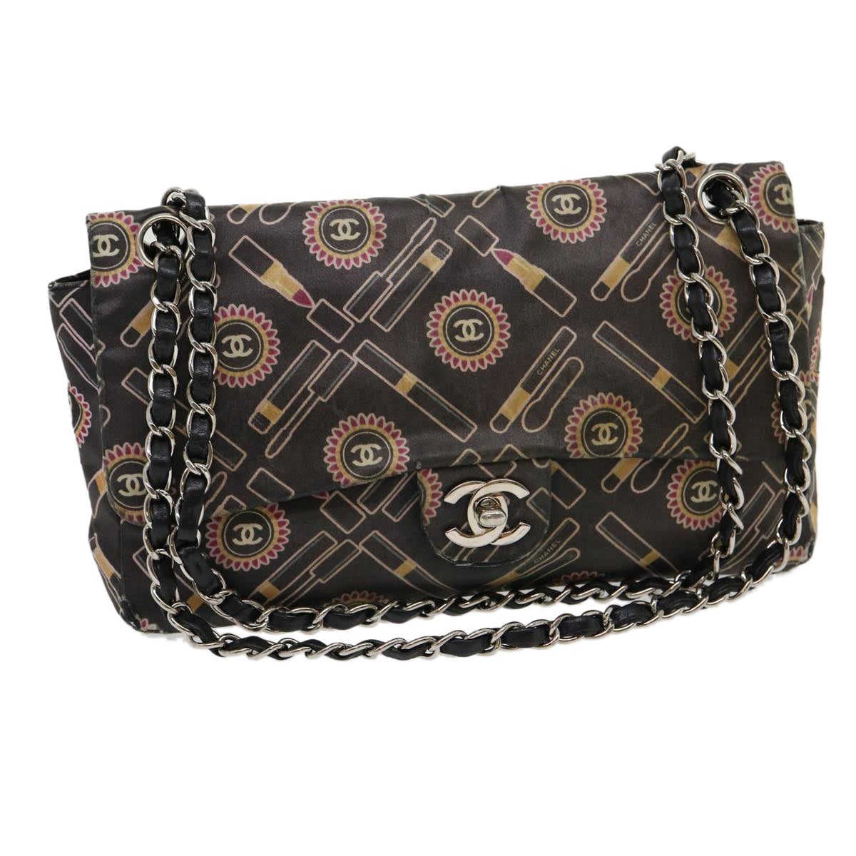 Luxury Chanel Lip Chain Turn Lock Shoulder Bag Satin Black CC  30892
