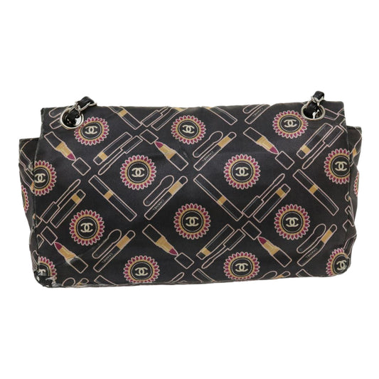 Luxury Chanel Lip Chain Turn Lock Shoulder Bag Satin Black CC  30892