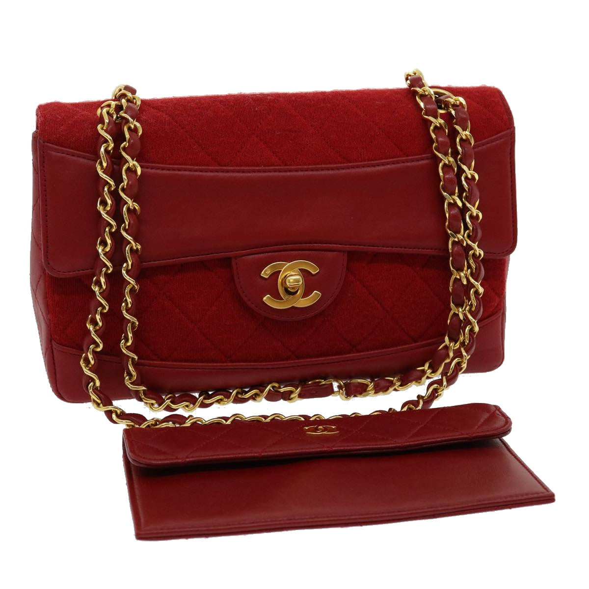 Luxury Chanel Matelasse Double Chain Shoulder Bag Cotton Leather Red CC  30896A
