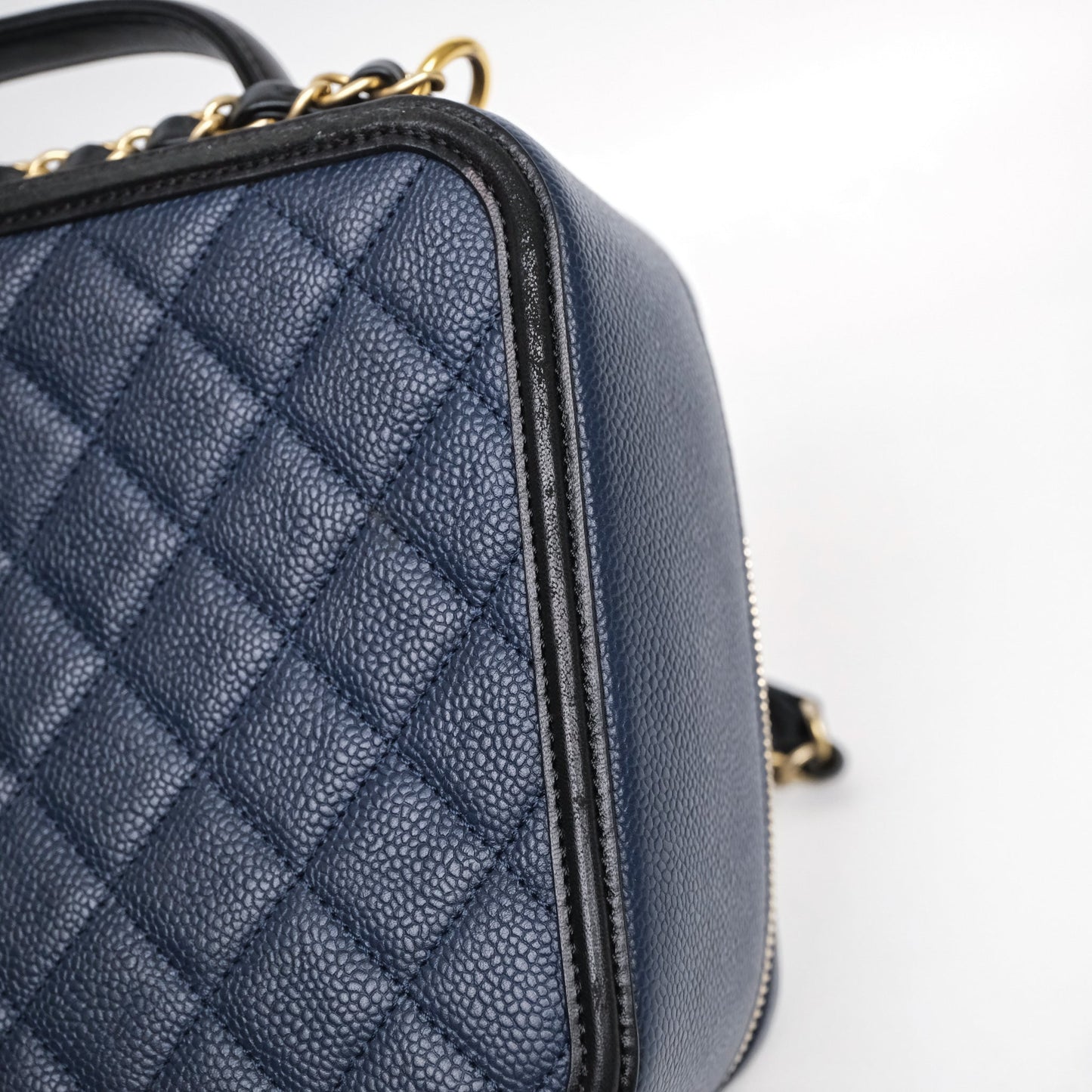 Chanel Quilted Large CC Filigree Vanity Case Navy Black Caviar Aged Gold Hardware