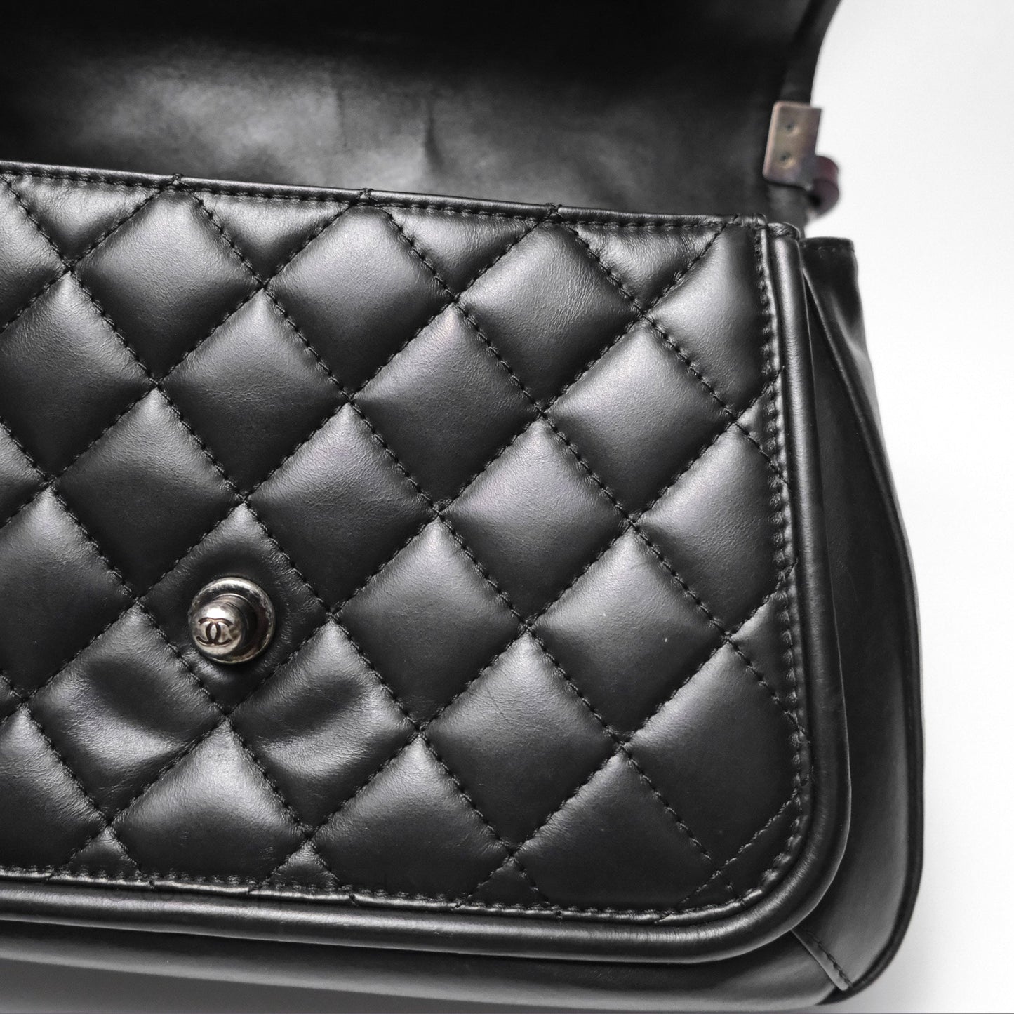 Chanel Quilted Large Prestige Top Handle Flap Calfskin Black Ruthenium Hardware