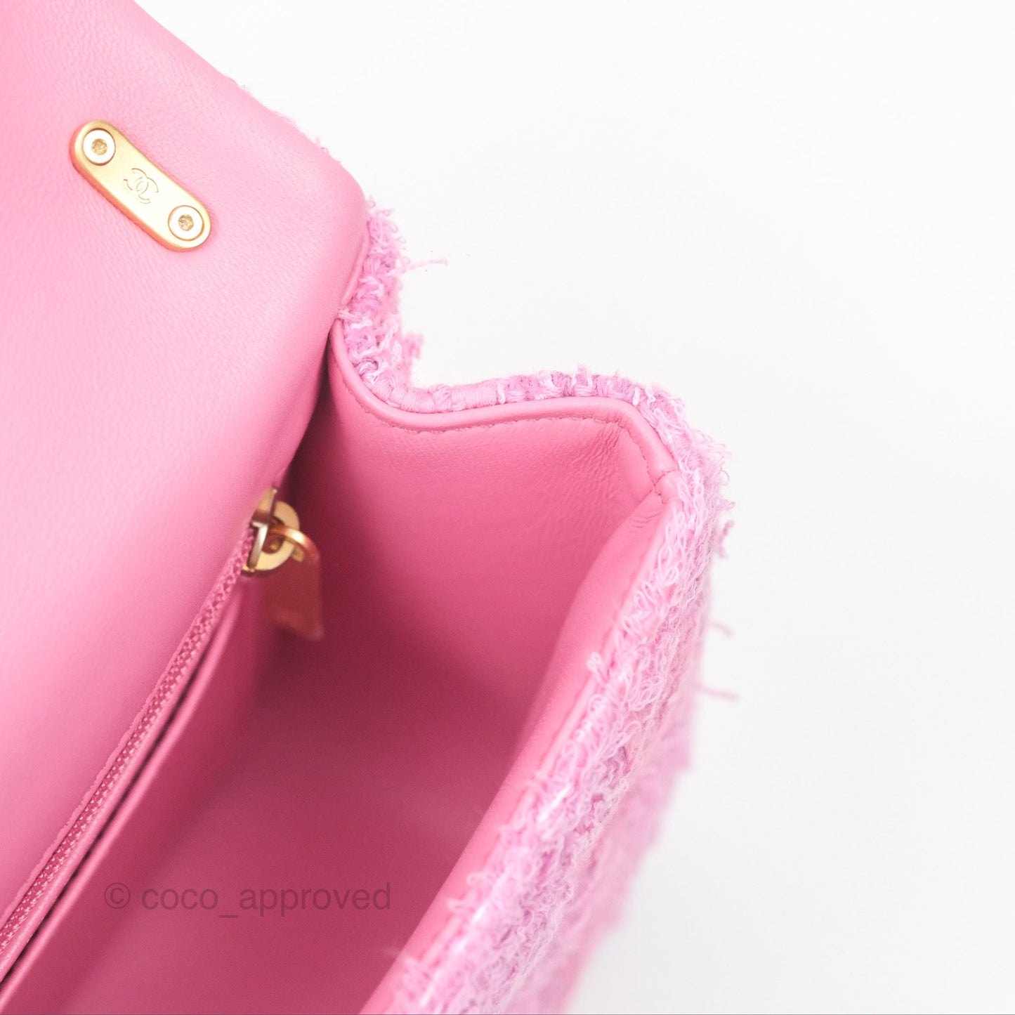 Chanel Mini Flap Bag with Pearl Chain Pink Tweed Aged Gold Hardware