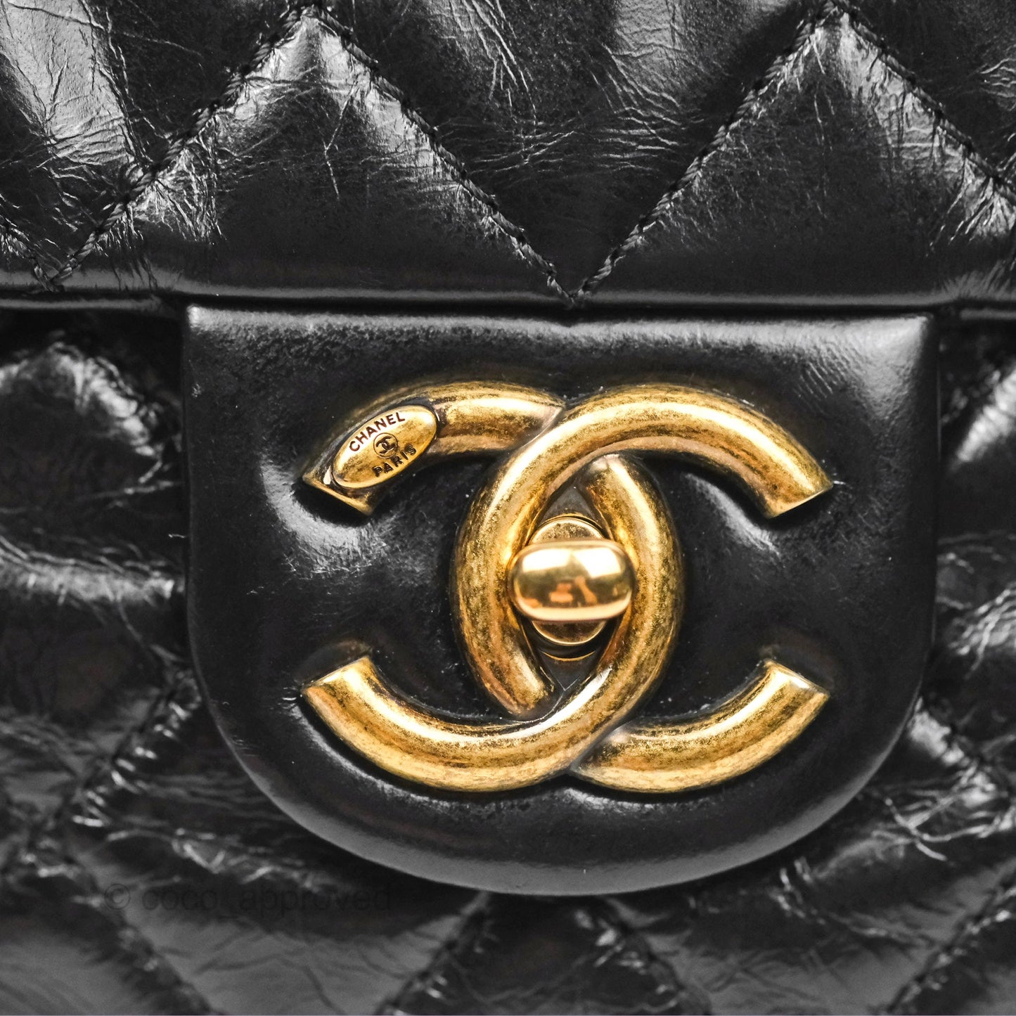 Chanel Medium Castle Rock Flap Black Glazed Calfskin Antique Gold Hardware