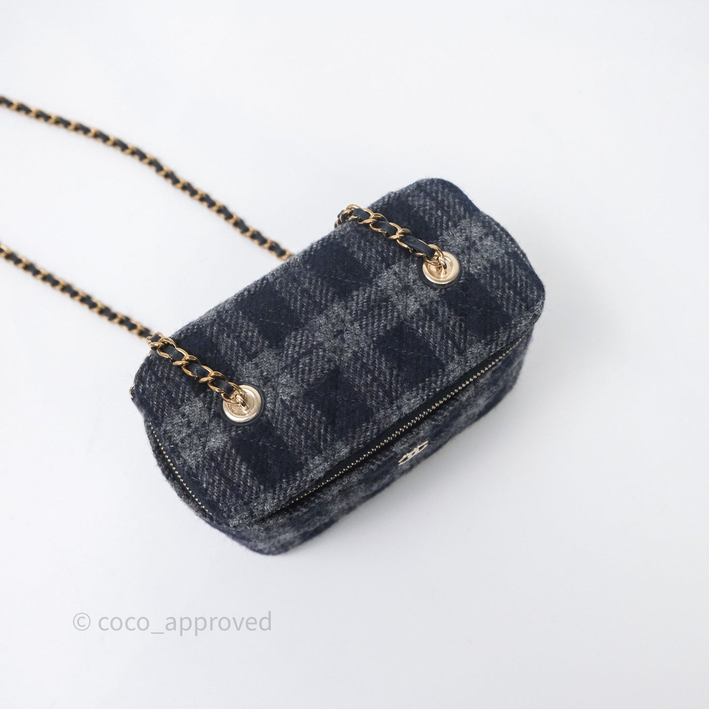 Chanel Vanity With Chain Navy Tweed Plaid Gold Hardware