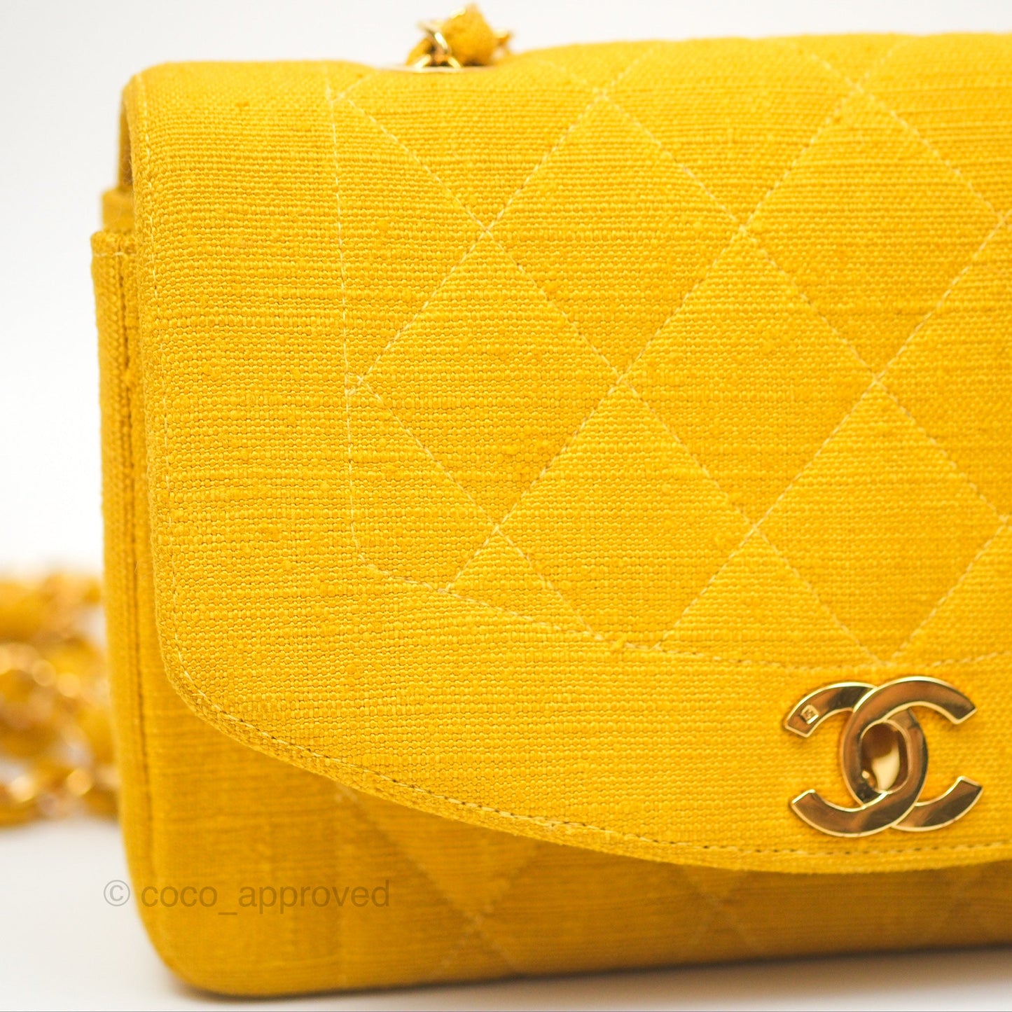 Chanel Vintage Small Classic Diana Flap Bag Yellow Linen Fabric 24K Gold Hardware