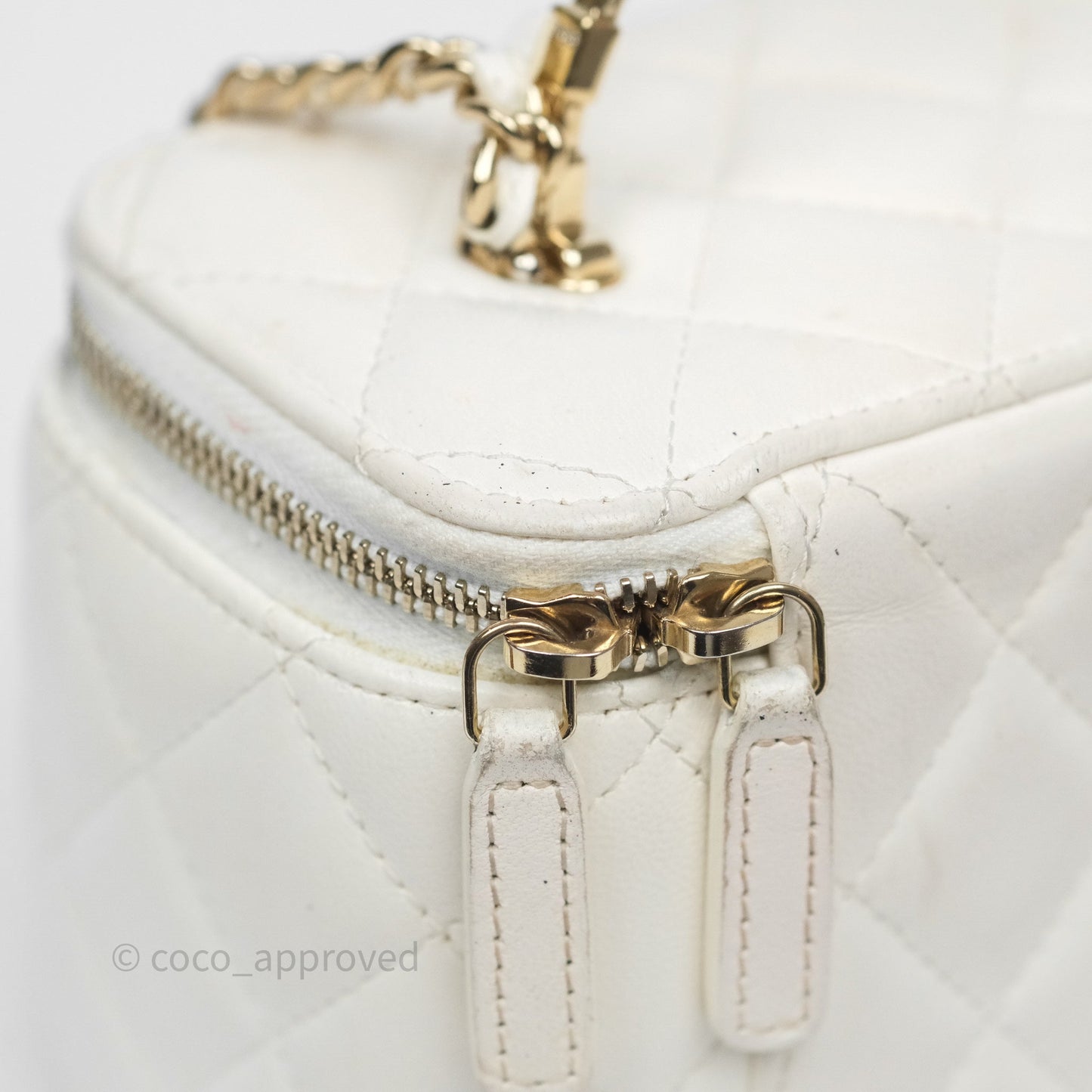 Chanel Logo Crystals Top Handle Vanity Rectangular White Lambskin Gold Hardware