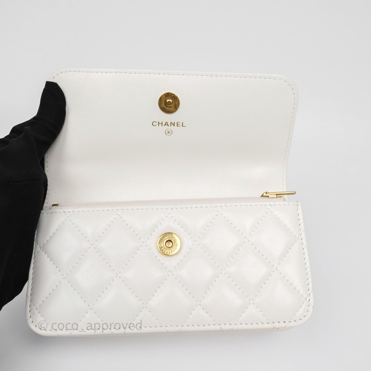 Chanel Dynasty Phone Holder with Chain White Ivory Lambskin Aged Gold Hardware