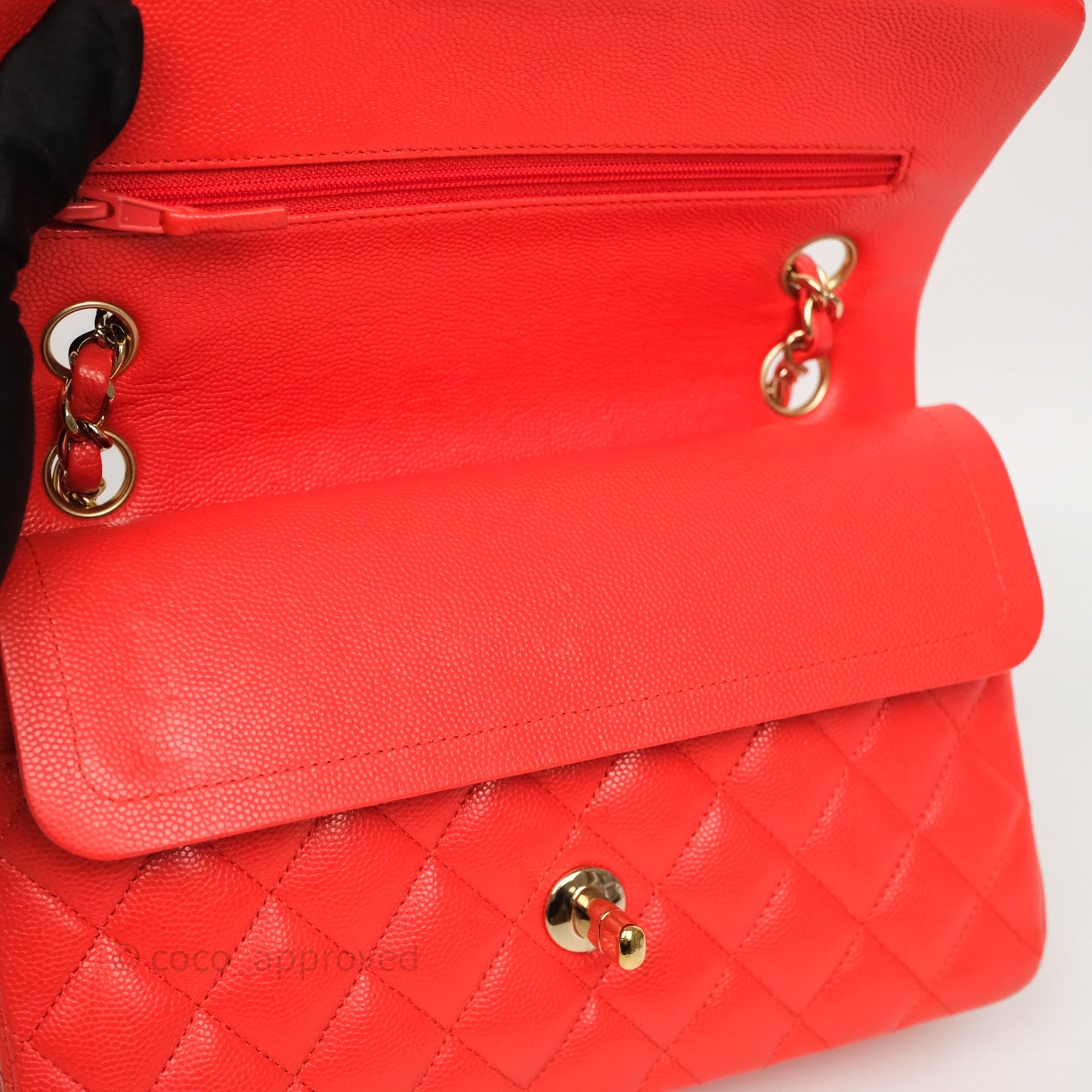 Chanel Small Classic Flap Quilted Red Orange Caviar Gold Hardware