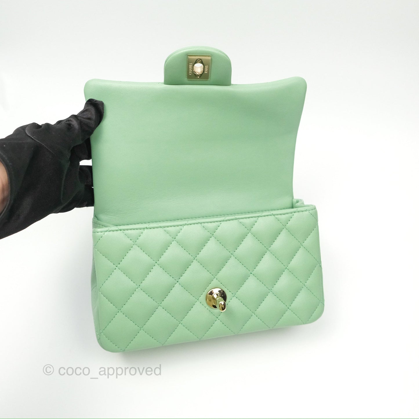 Chanel Top Handle Mini Rectangular Flap Bag Avocado Green Lambskin Gold Hardware